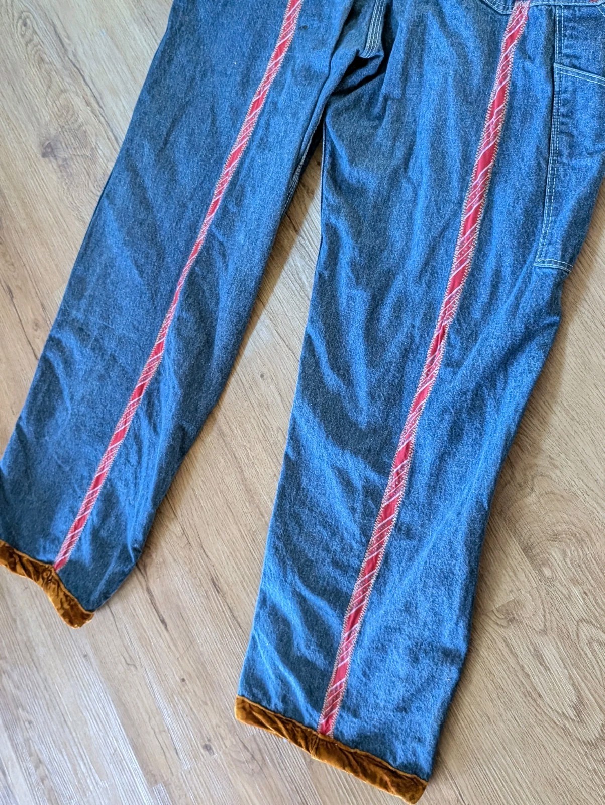 VINTAGE 1995 Crispina FFrench Handmade Artist Upcycled PATCHWORK OVERALLS 36×32