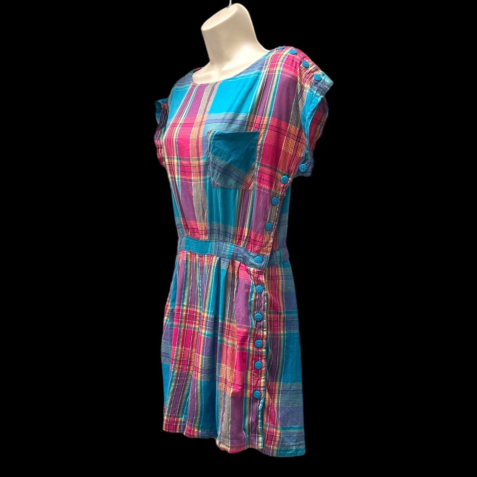 Vintage 1980’s Madras Plaid Cotton Romper Playsuit Pink, Blue, Green Size XS Y2K