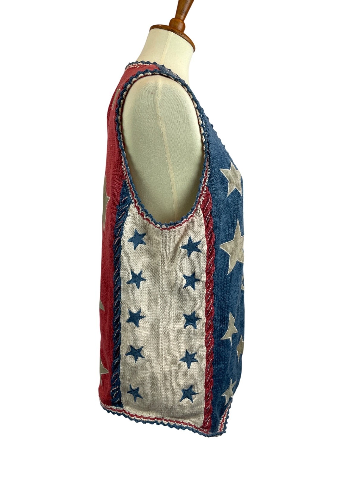 90s Patriotic Knit Sweater Vest Cambridge Country Store Suede Stars Size L Vinta