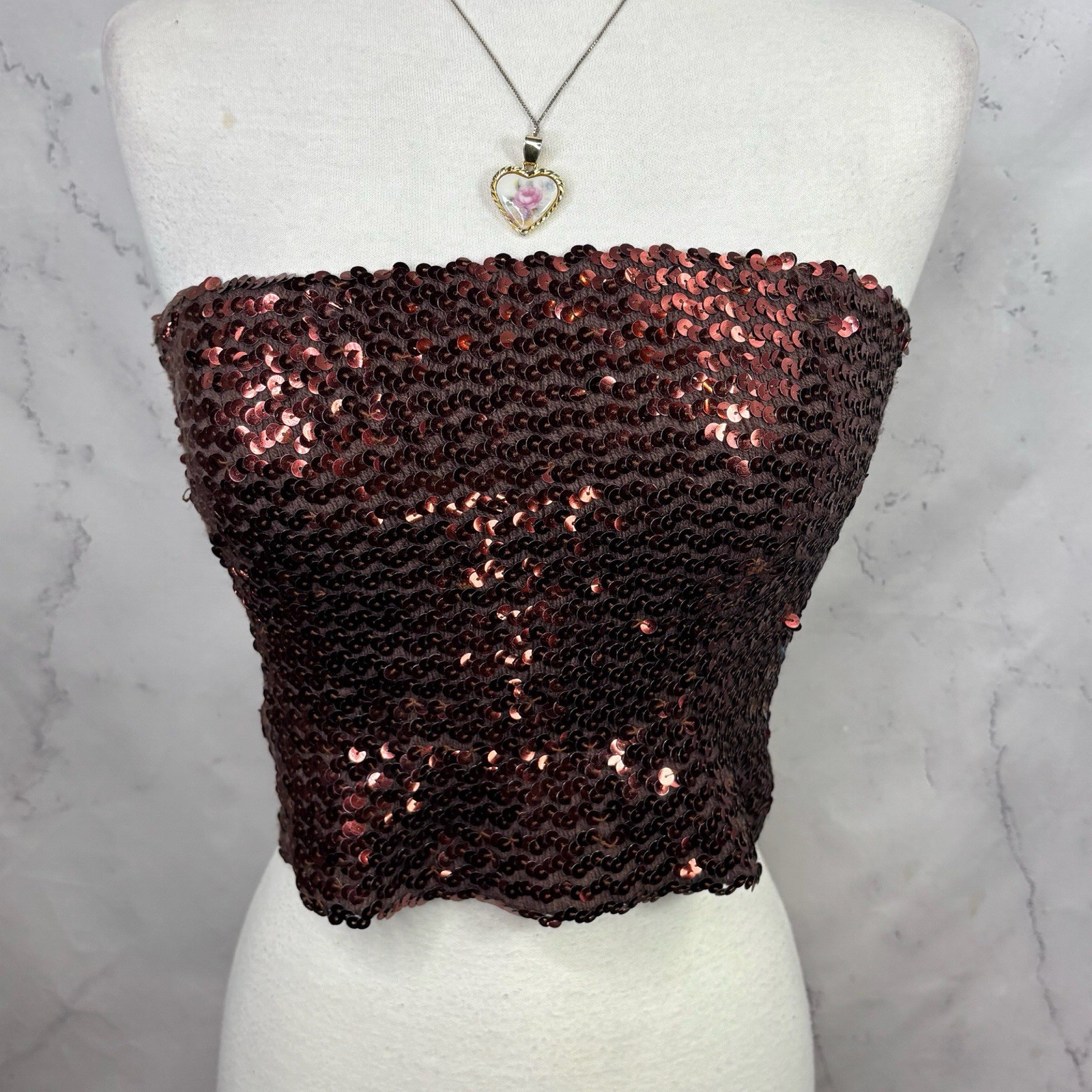 Vintage 1980s 90s Copper Brown Disco Sequin Tube Top Crop Top sz S USA Retro