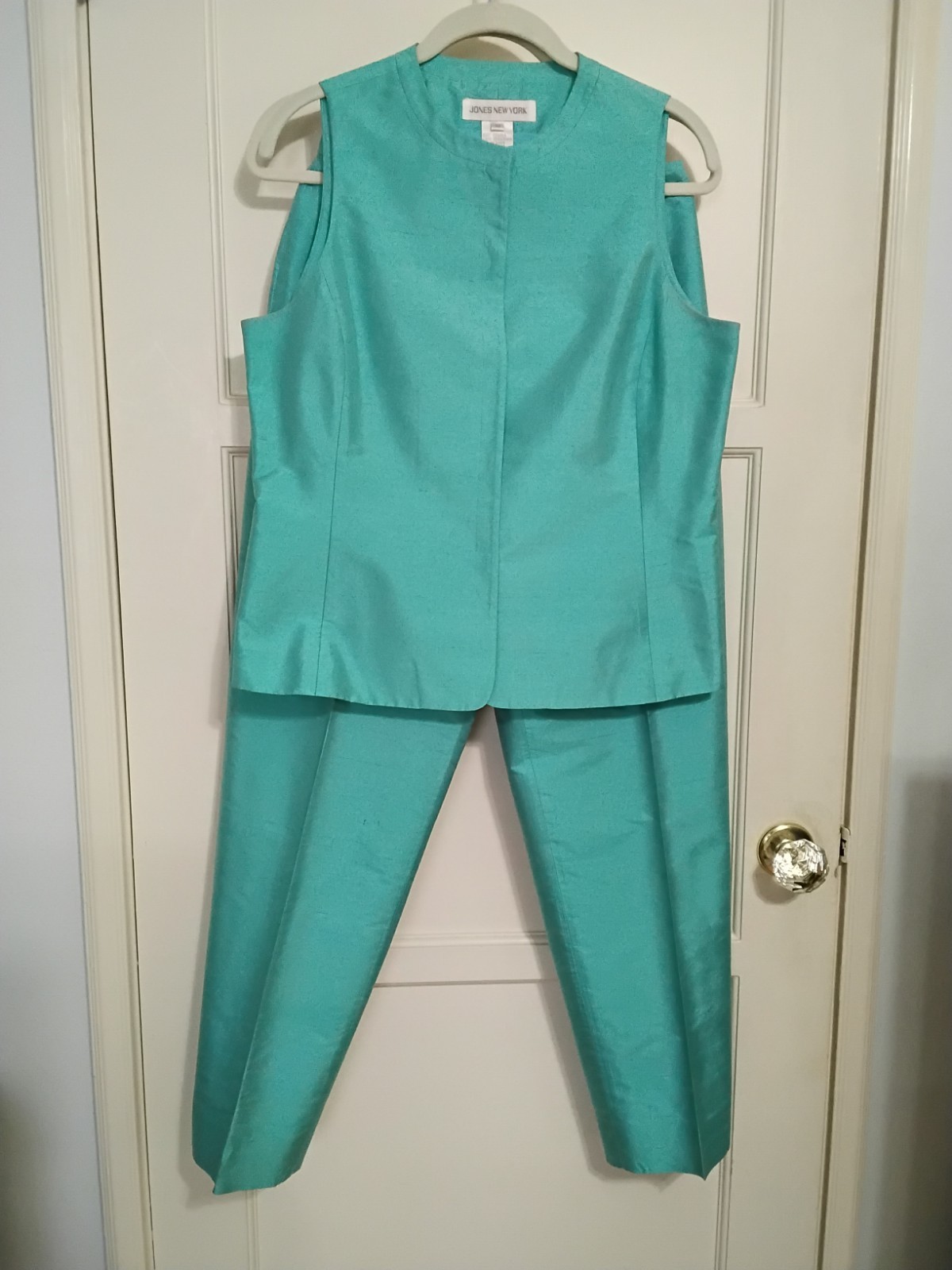 Vintage Jones New York Silk Pantsuit Sleeveless Top Turquoise Aqua Blue Sz 10