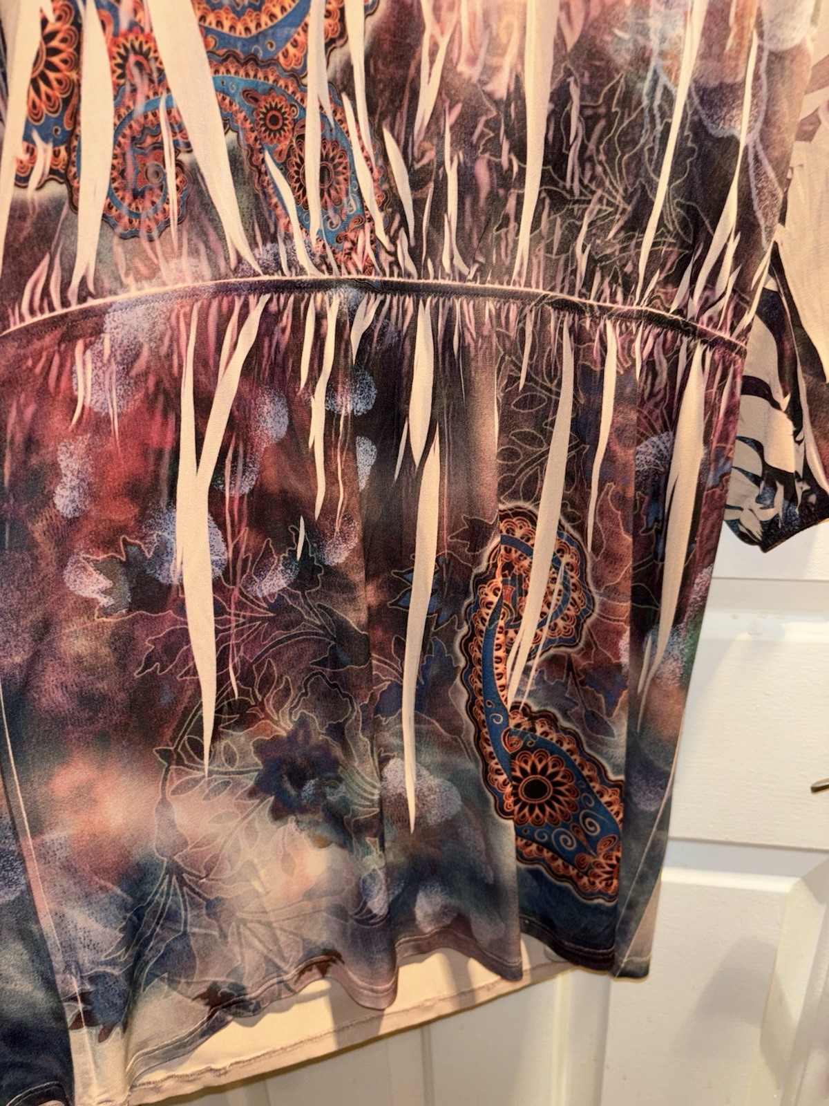 Women’s Large Top Boho Y2K Mandala Print V Neck Tunic Brown Tan Rust Blue Blouse