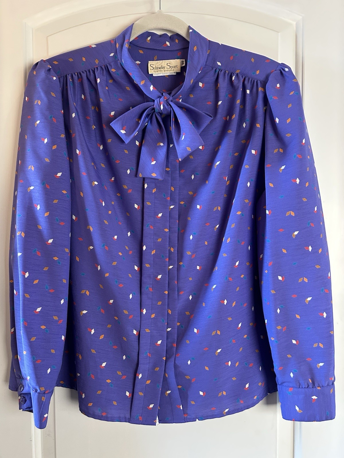 Vintage Schrader Sport Purple Blouse Pussy Bow Multi-color Geometric Pattern 38