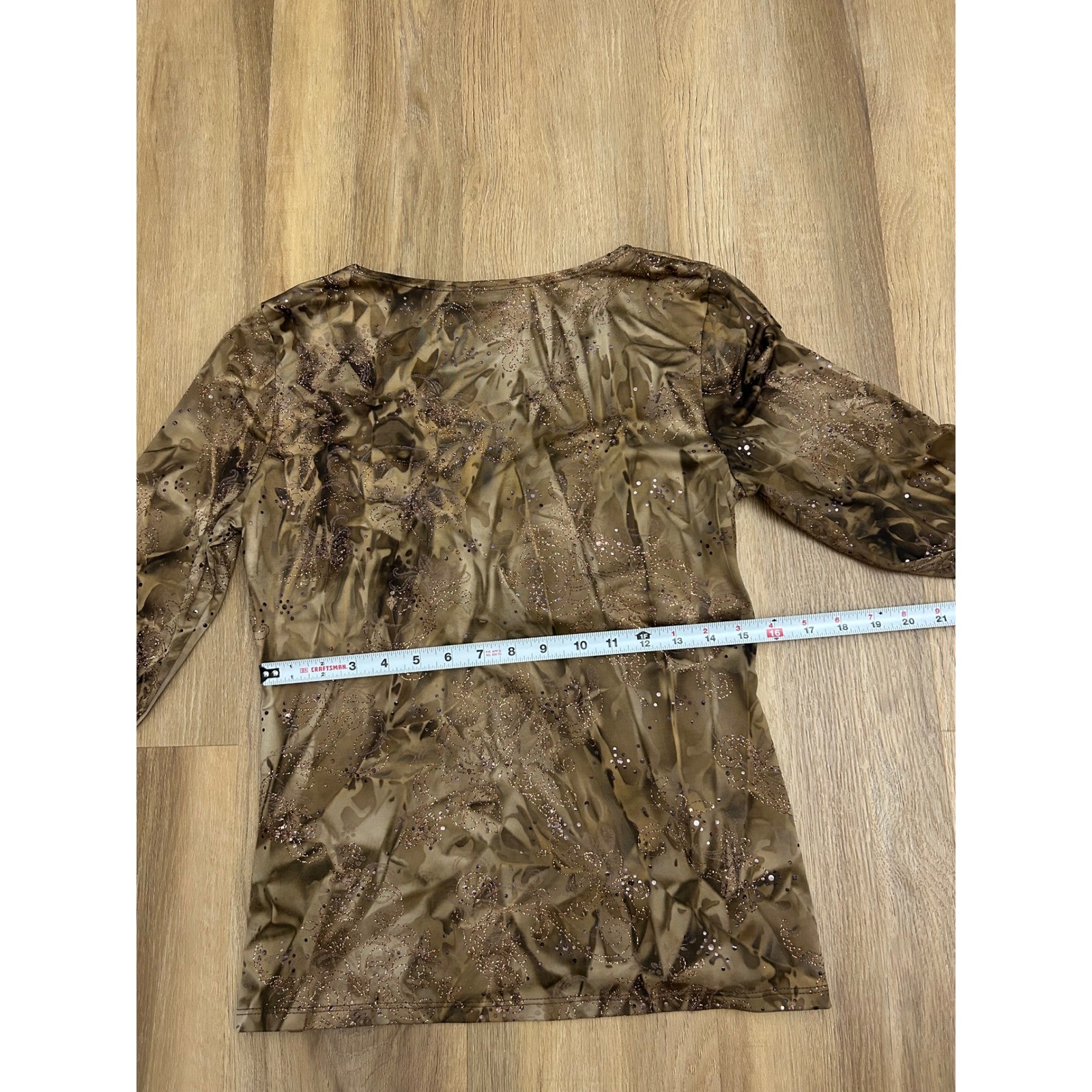 Vtg Brown Abstract Sequin Glitter Paisley V-Neck Empire Blouse L whimsy fairy