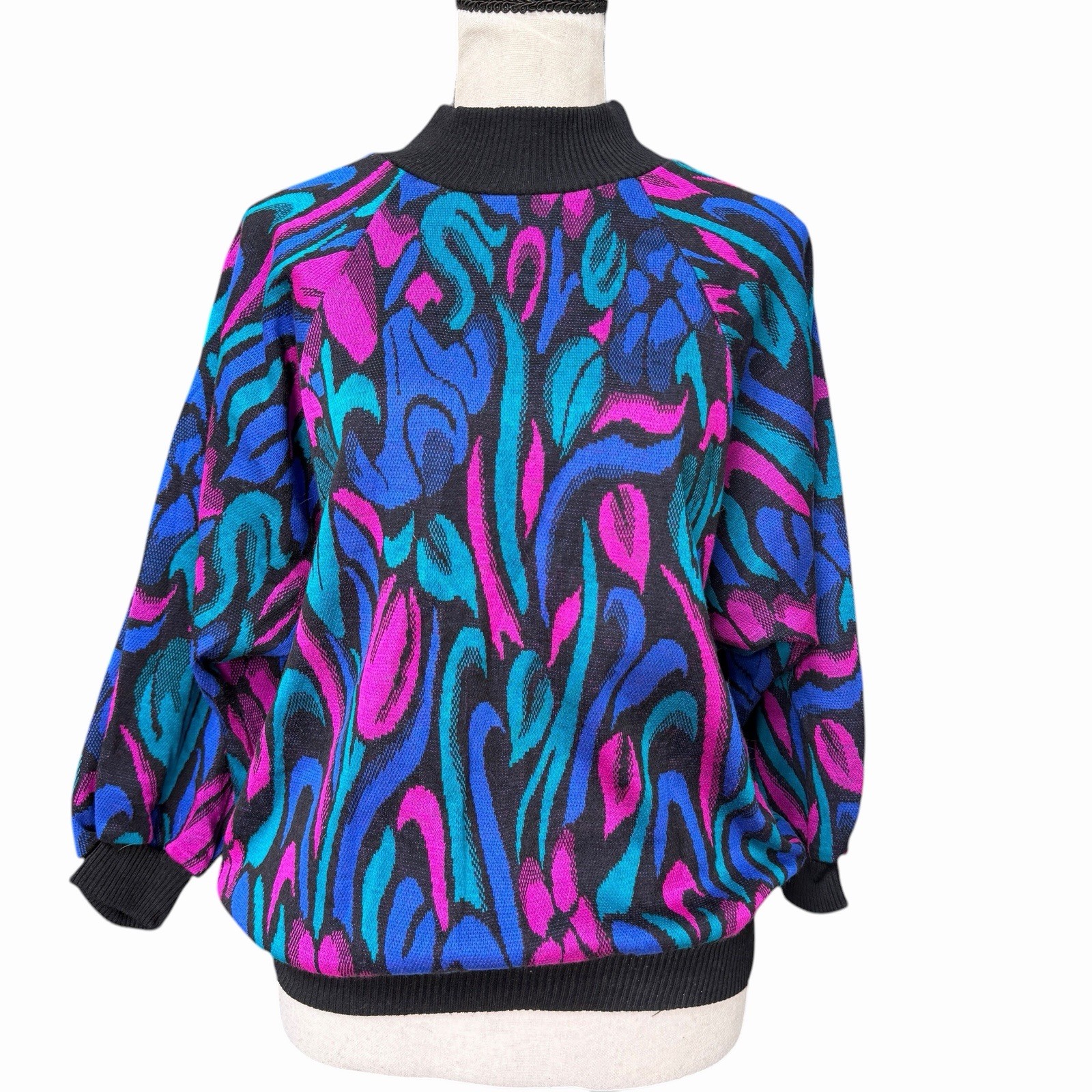 VTG 80s Dolman Sweater Pink Blue Neon Abstract Batwing M/L Cape Cod Sportswear