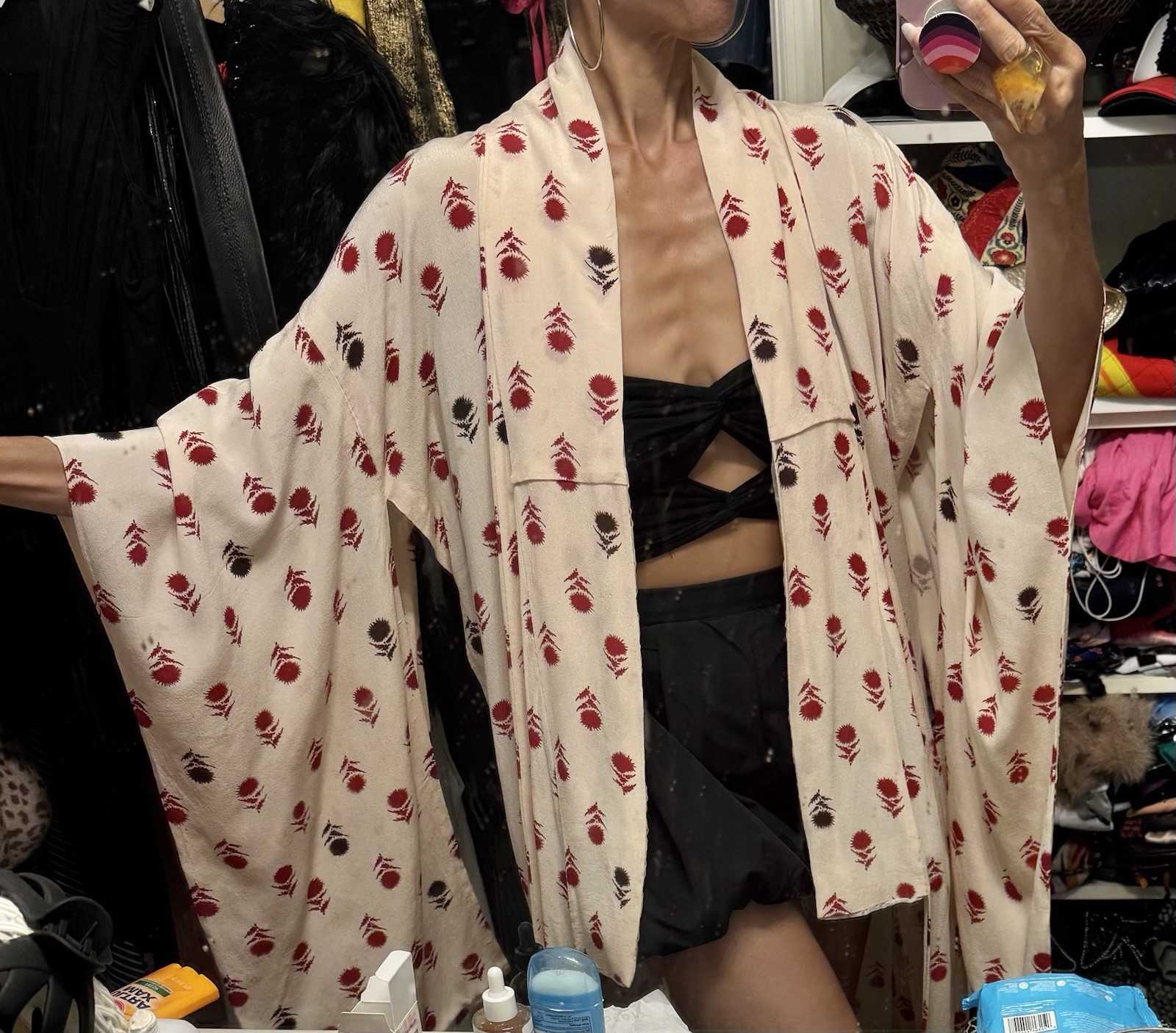 Vtg Kimono Silk Crepe Extreme Long Sleeves Duster Jacket Robe Off White Red