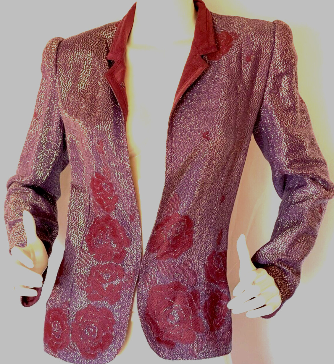 Vintage Krizia Purple Silver Metallic Lurex Evening Jacket W/ Floral Design SZ 6