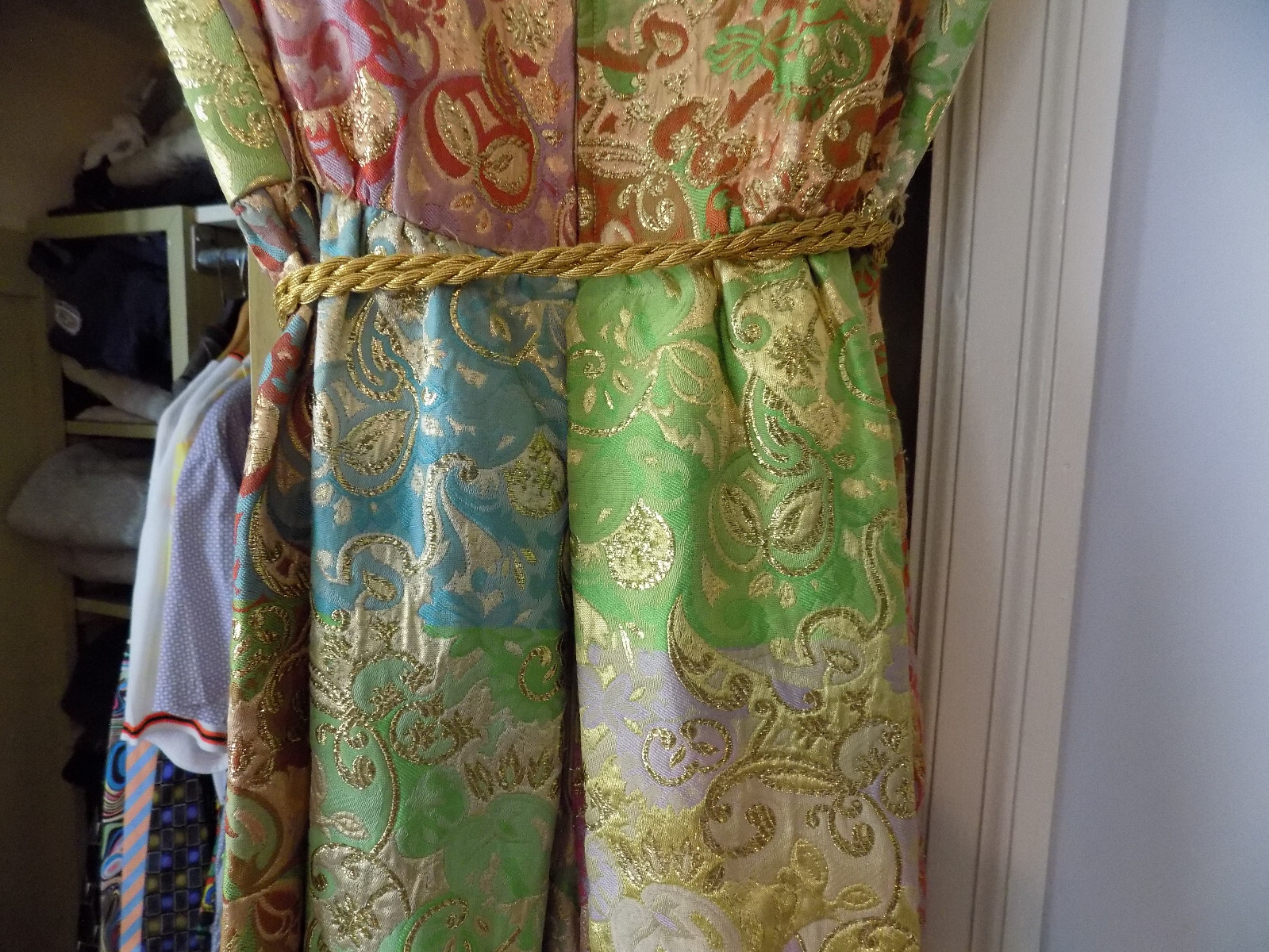 Vtg FAB 60s Joseph Magnin Metallic Tapestry Gold Pink Green Disco Maxi Jumpsuit