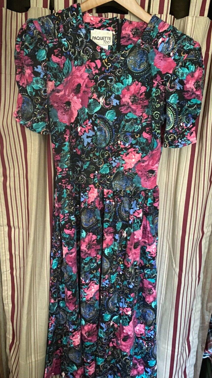 Vintage Floral Paquette TOO Midi Dress Short Puff sleeve sz 8 Made in USA
