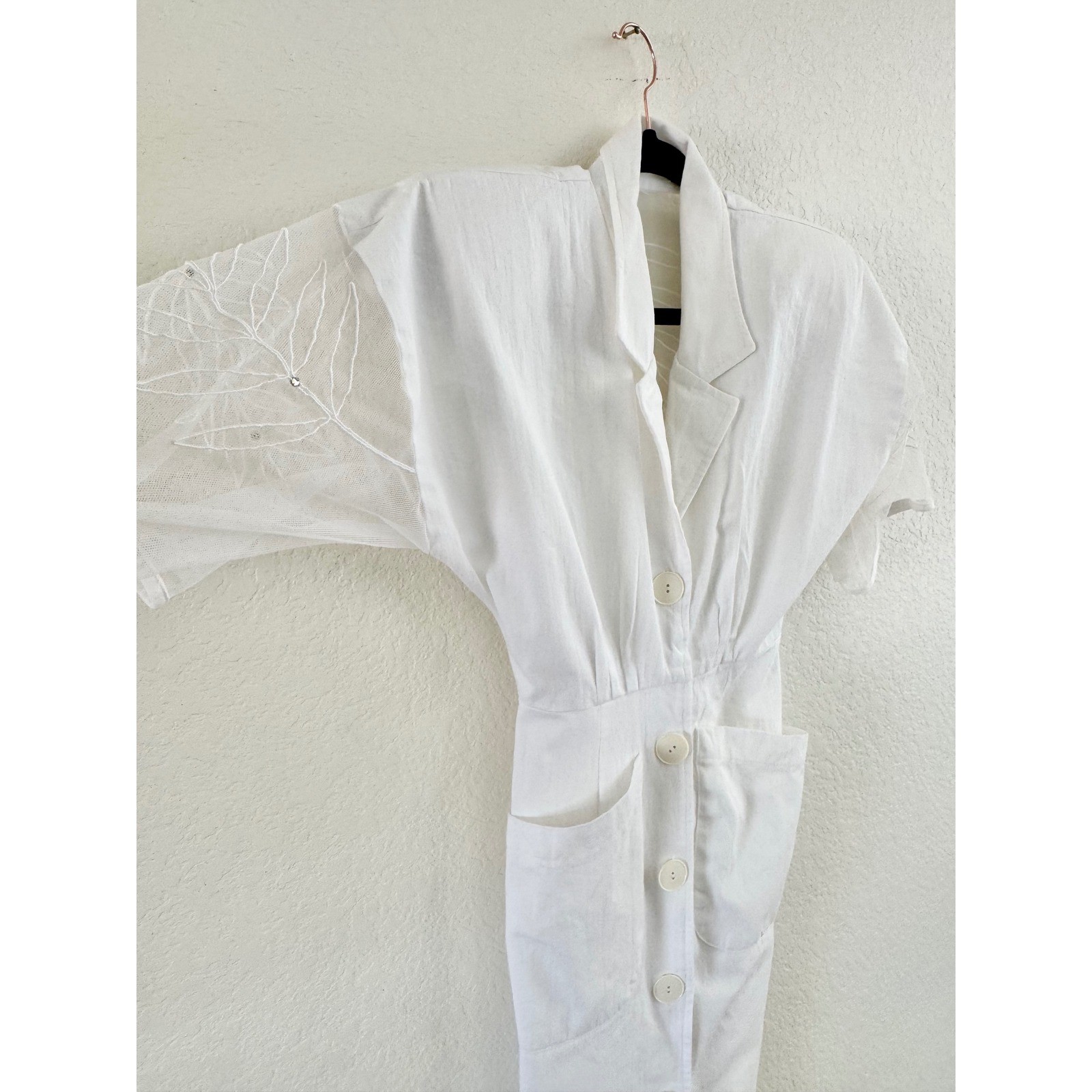 Vintage Linen Midi Dress Womens S White Mesh Embroidered Leaf Button Front