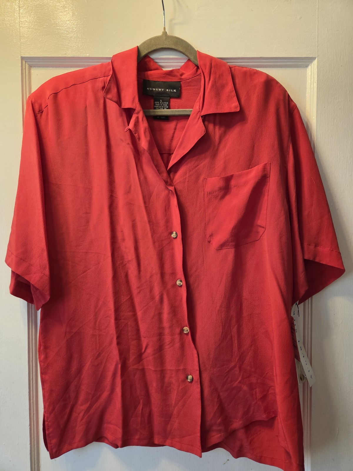 Vintage NWT OS August Silk Red Blouse Short Sleeve Shoulder Pads. Large