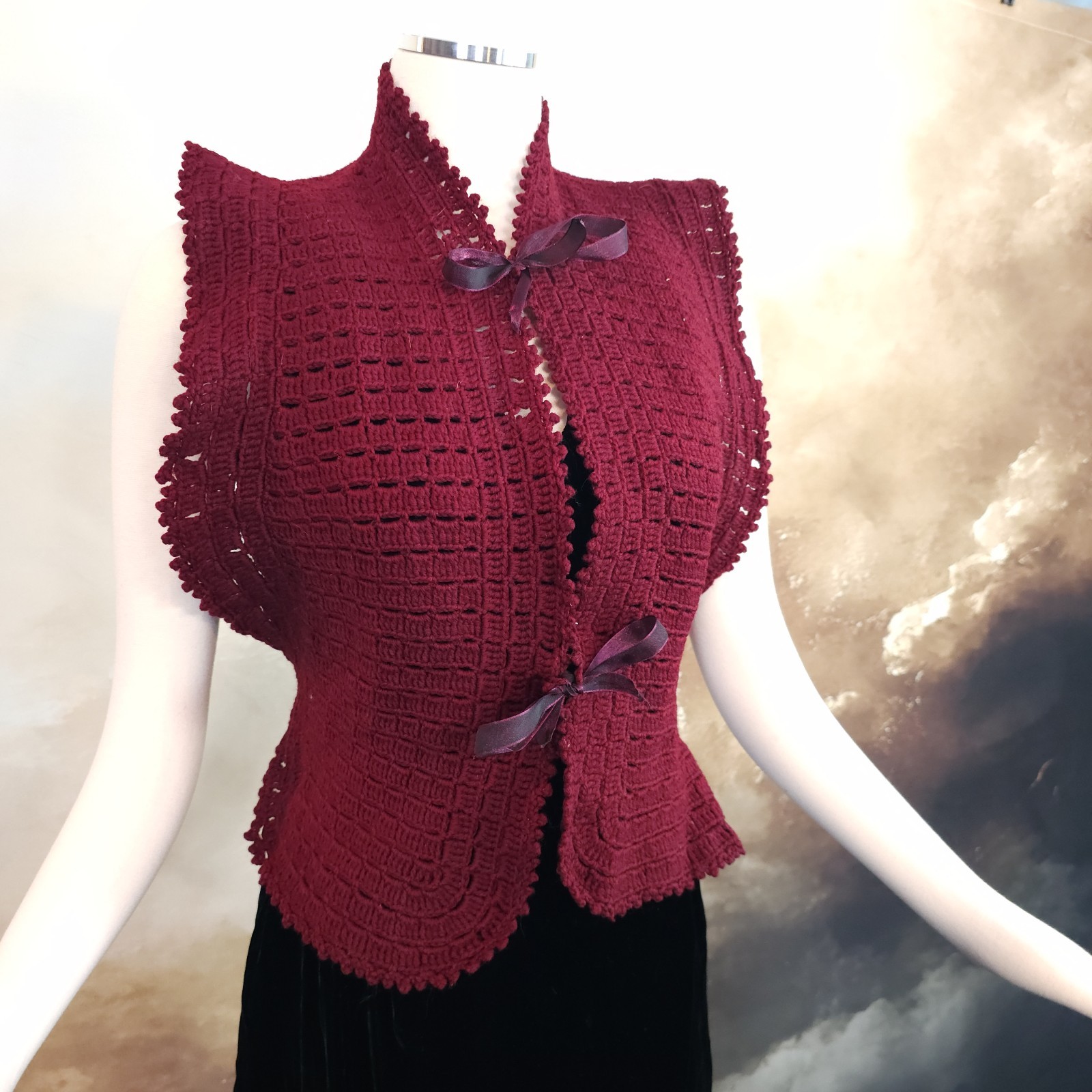 Burgandy Red Crochet Antique Vest 1920s 1930s Art Deco Sweater Shawl Bow Ties…