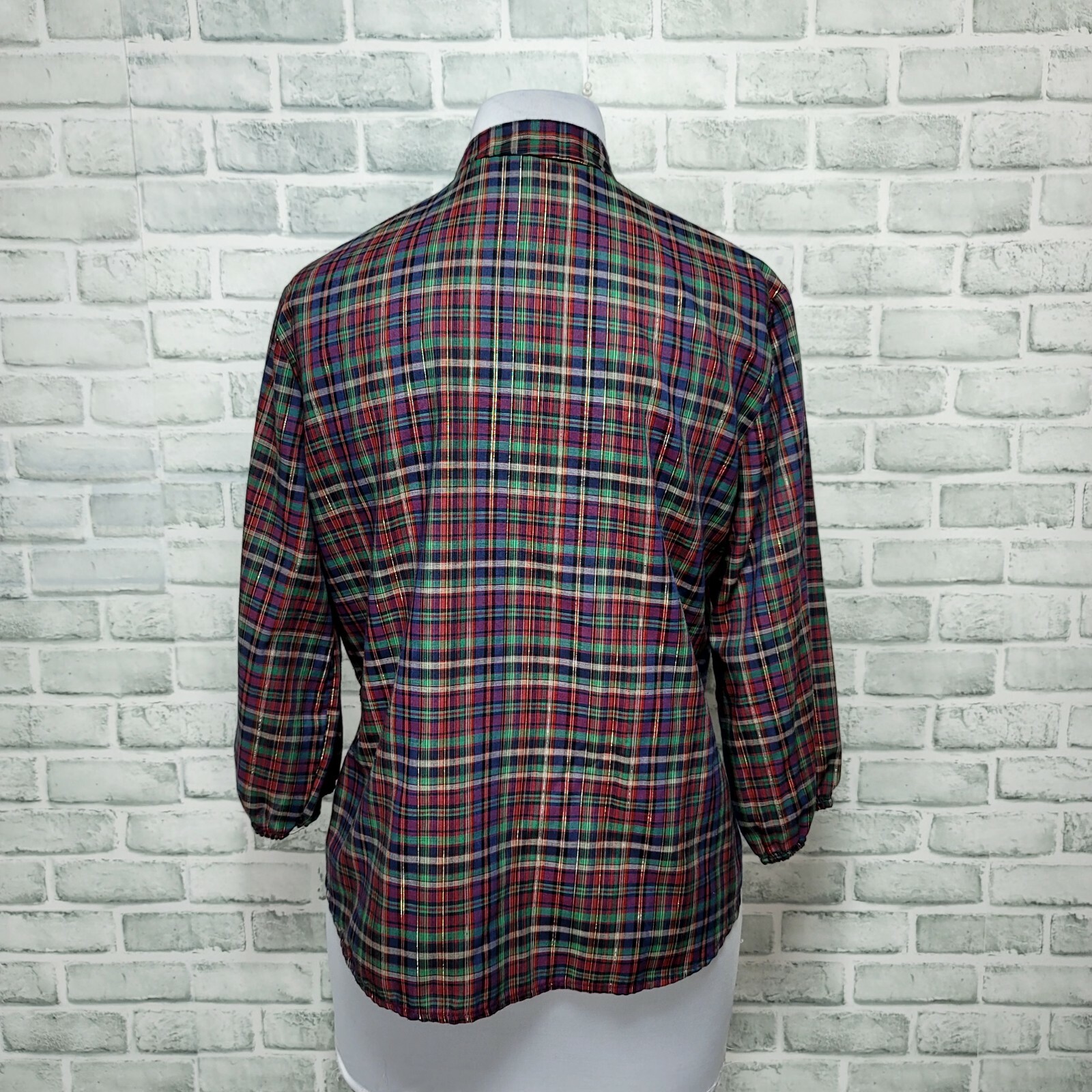 Vintage 70s 80s Plaid Sheer Lightweight 1/4 Button Down 3/4 Sleeve Blouse