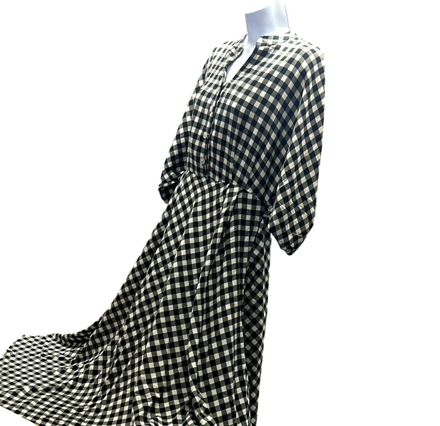 CCC Vintage Black White Gingham Checkered Midi Dress Button Front Elastic Cuffs