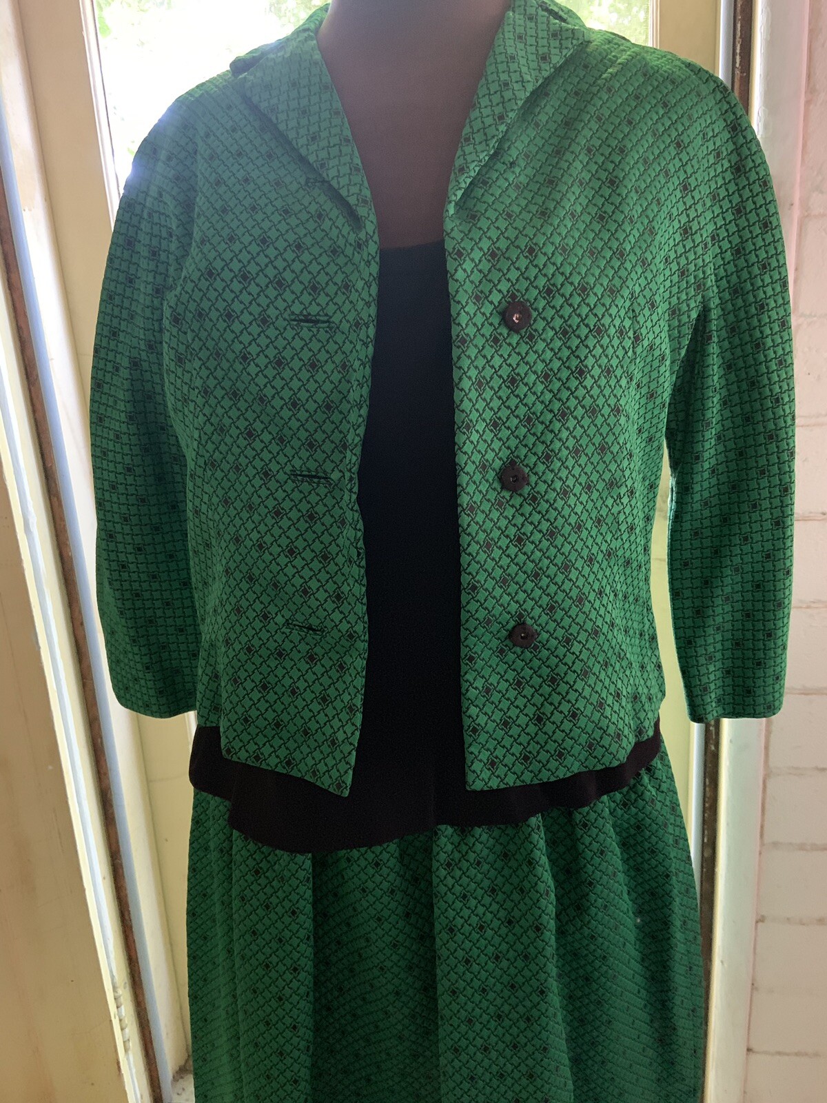 Vintage 1960’s Heavy Green/Black Brocade and Crepe Dress with Jacket M
