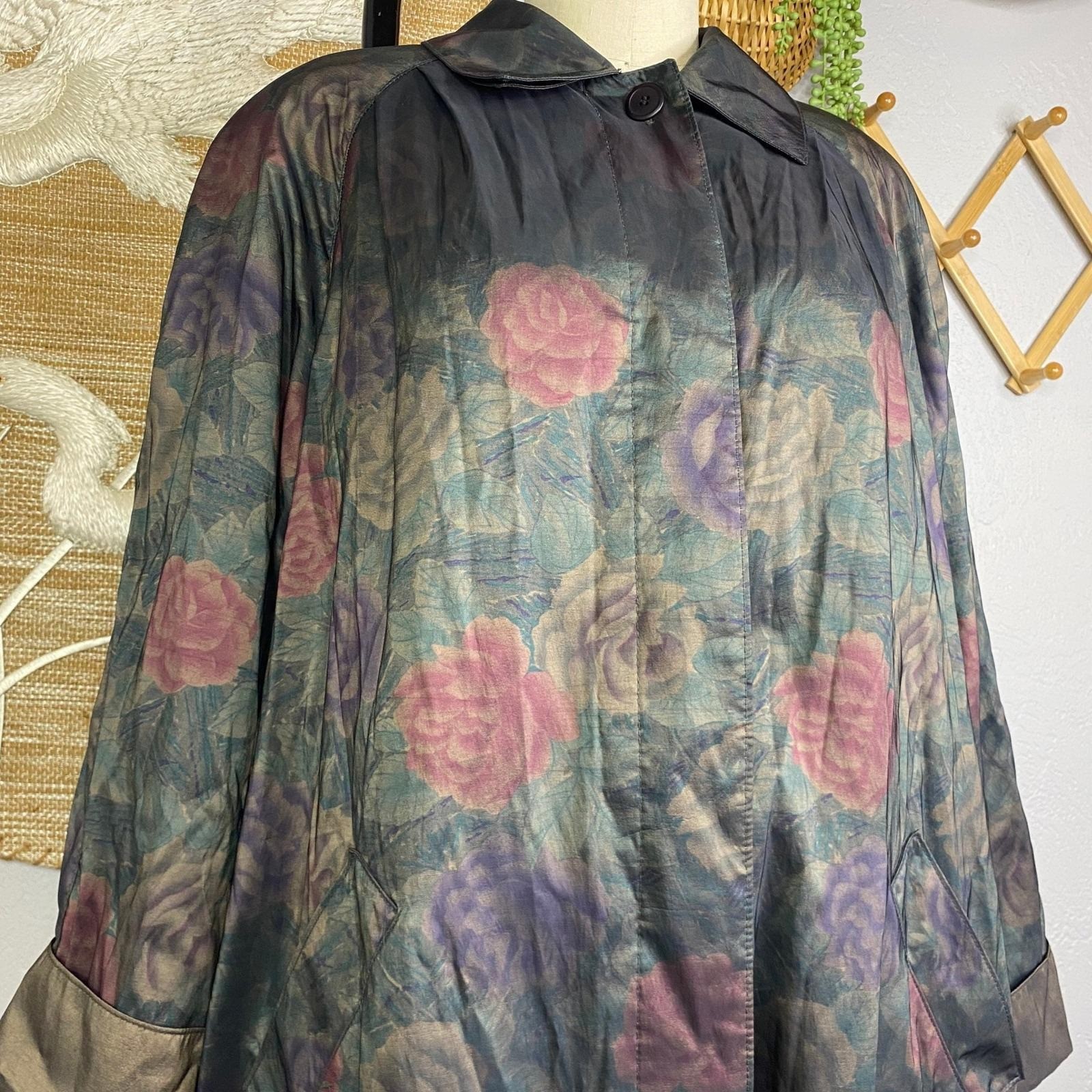 Vintage Iridescent Floral Trench Coat, Cottagecore Windbreaker, Size 10