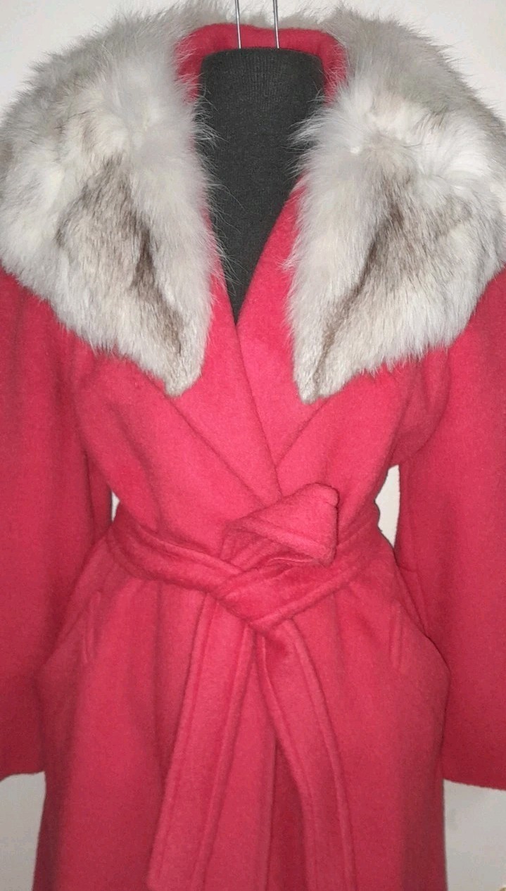 Vtg 1960s Orange Wool White Fox Fur DETACHABLE collar Worumbo Coat Mod Trench M