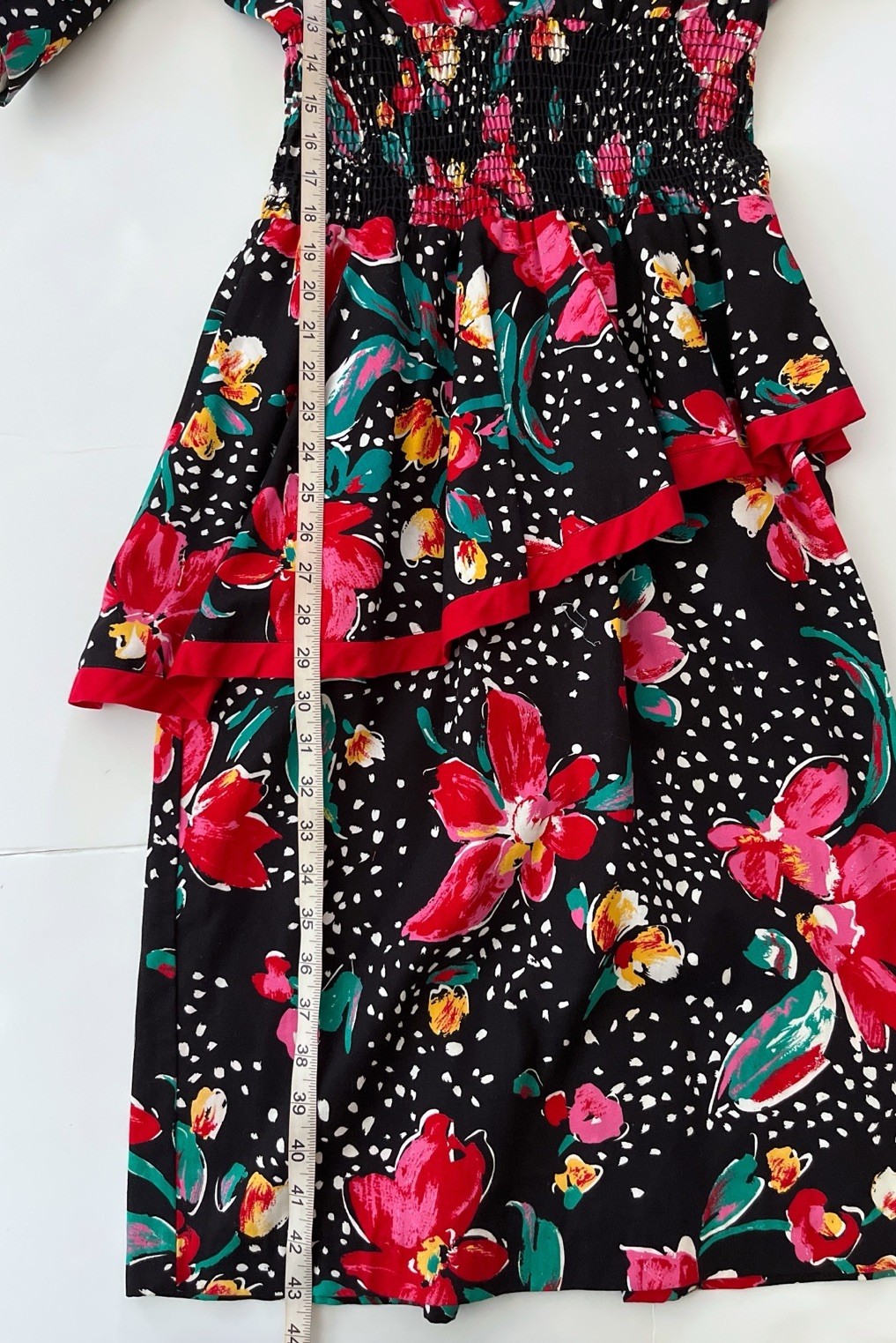Vtg 80s Choon California USA Dress Women 6 Black Floral Print Peplum Cotton