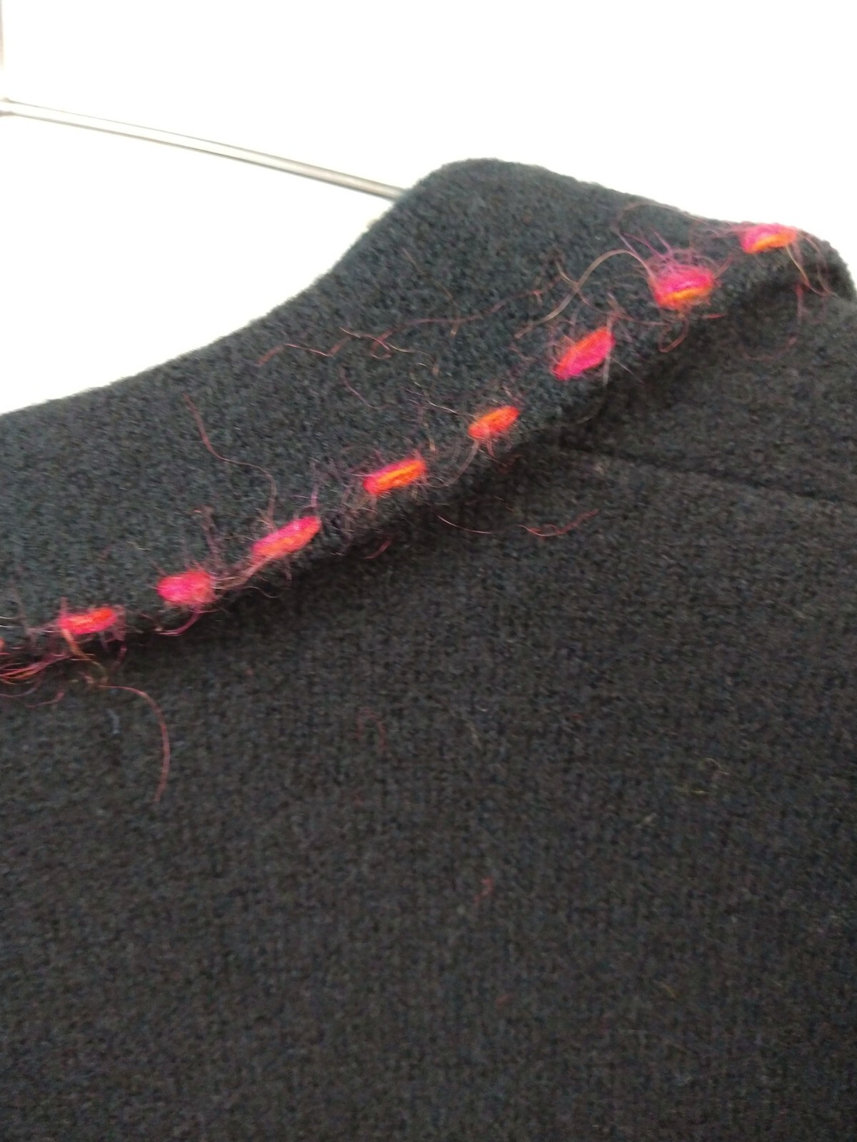 VTG Catherine Stewart WM S Wool Cardigan Black with Crocheted Red Squares Collar