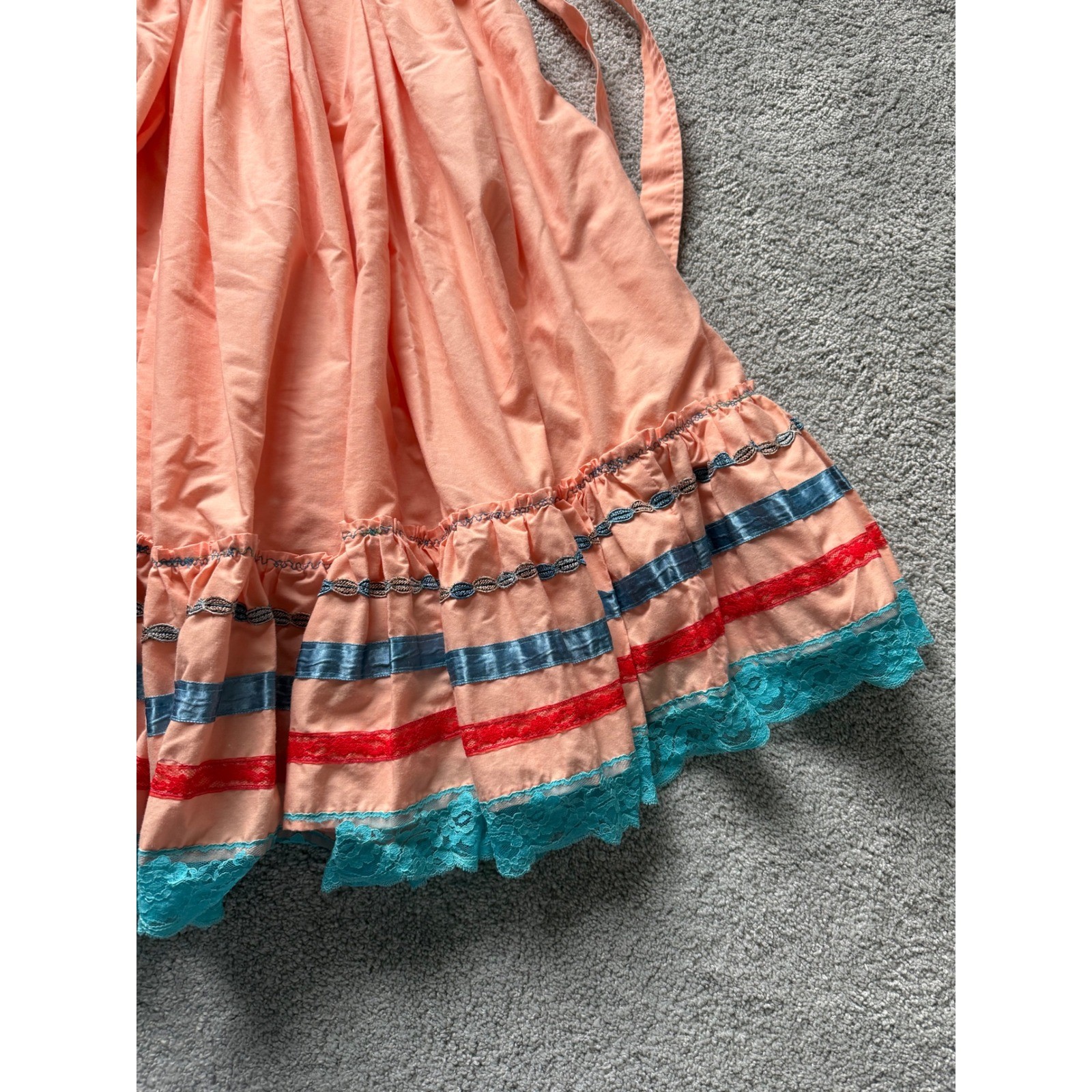 Vintage Peach Cotton Square Dance Skirt Ribbon Trim Lace Hem Western Midi Wrap