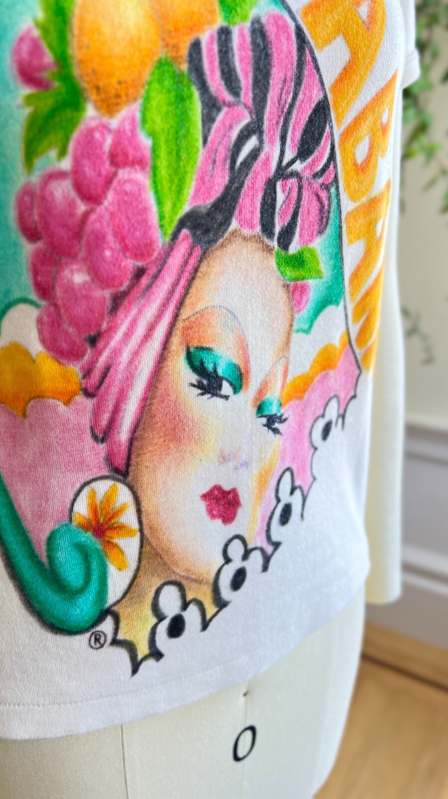 Vintage 1970s 70s Hand Painted Copacabana Carmen Miranda Wearable Art Tshirt Tee
