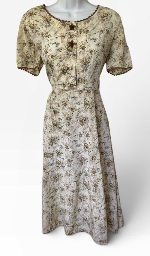 Vtg 1940s Atomic Print Day Dress S Glass Buttons Short Spent Crochet Trim Rare