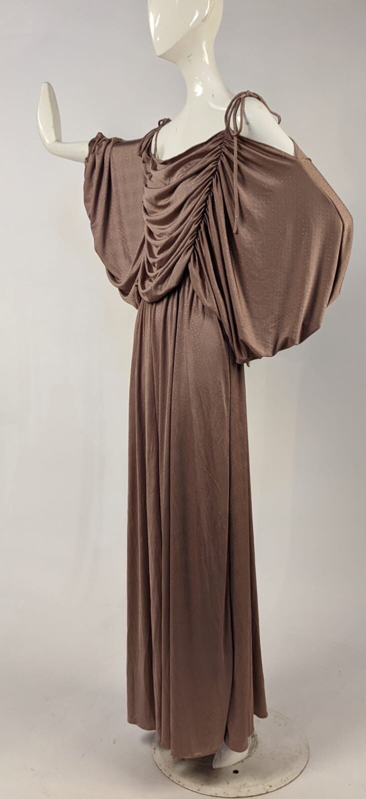 VINTAGE DRAPED METALLIC DOT RAYON LONG DRESS W MASSIVE PUFF SLEEVES 