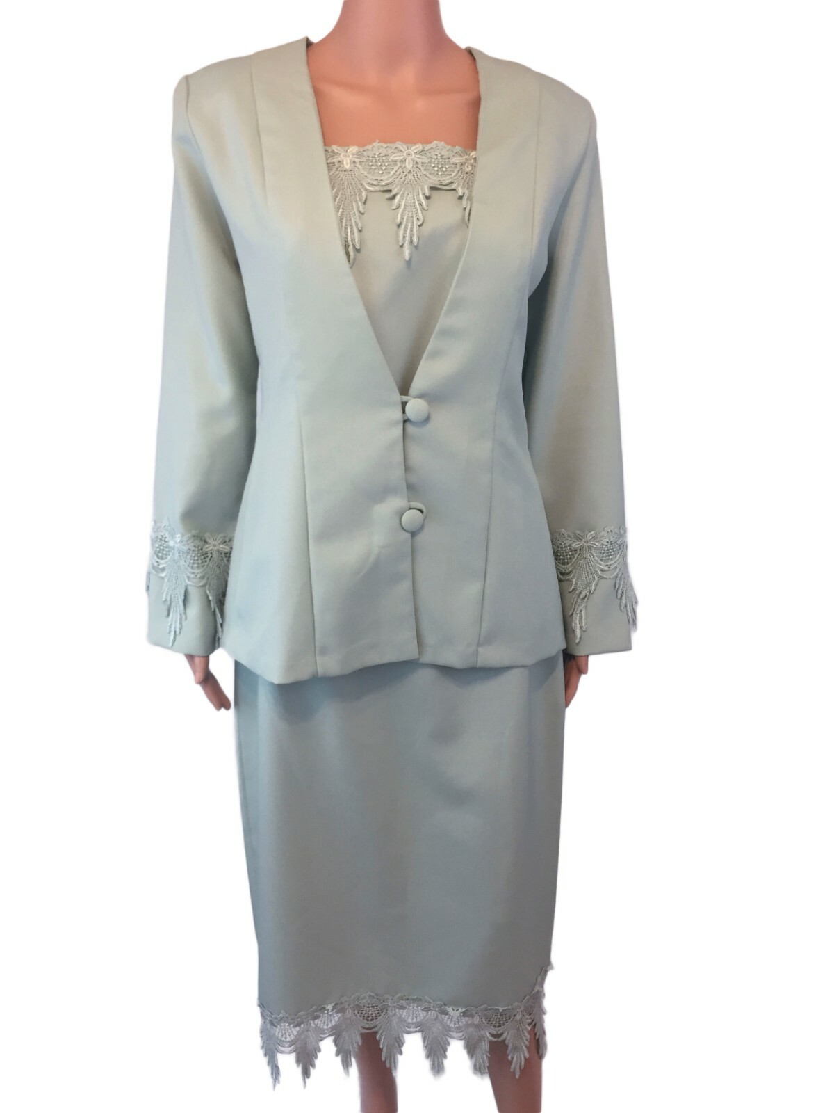 Vintage Mode Sara Light Green Blazer and Skirt Set w/ Floral Lace Trim Sz Large