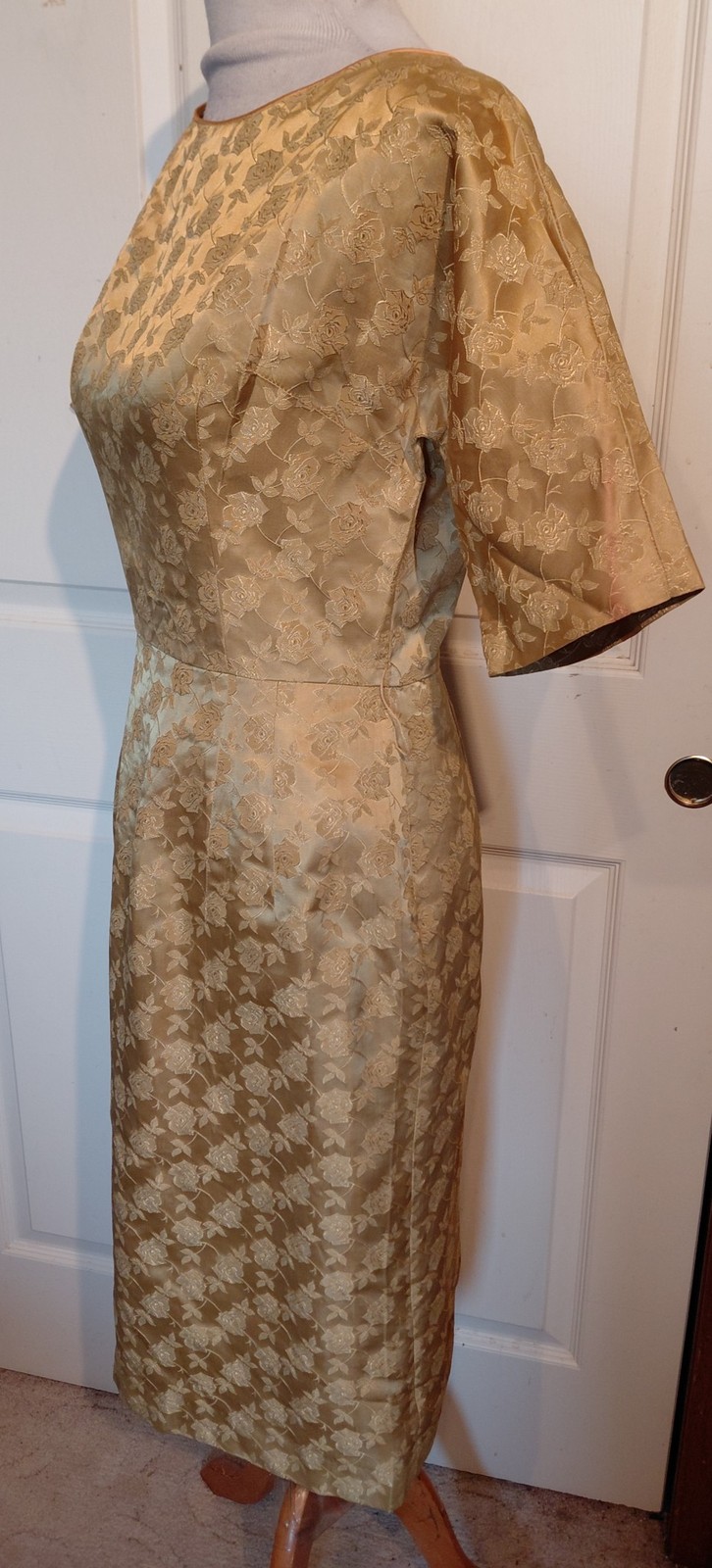 NOS Vintage 60s Gold Brocade Cocktail Dress B36 100% Acetate
