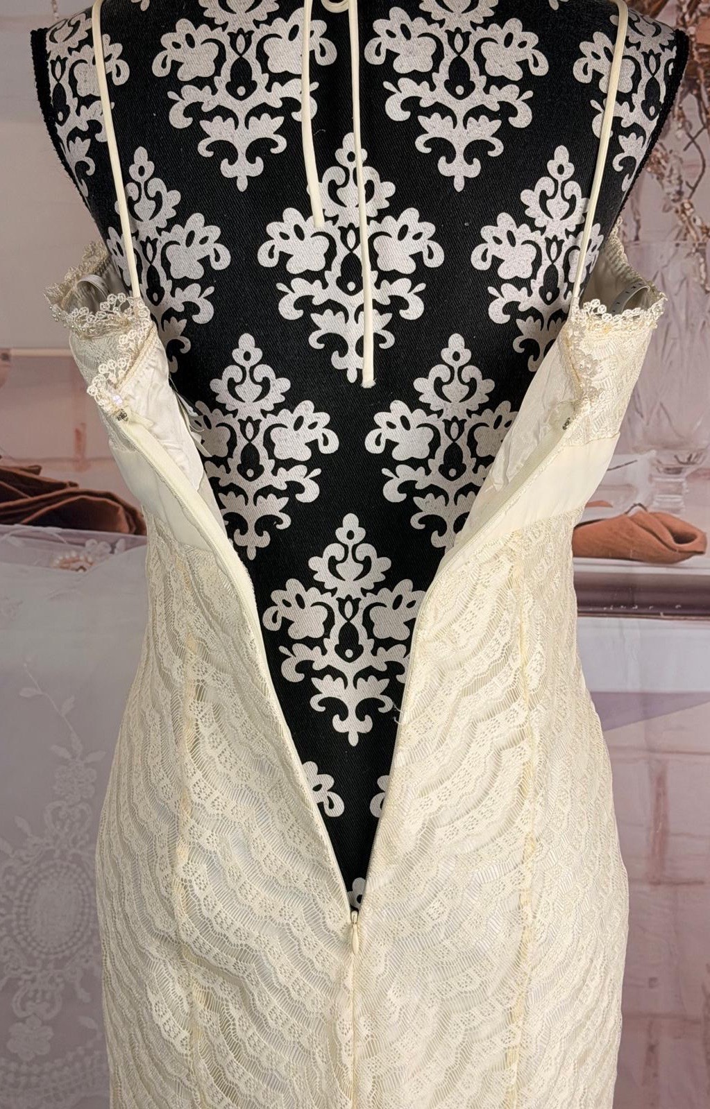 VTG 90’s NIKI by Niki Livas Ivory Laced Overlay Beaded Sequined Maxi Dress 10