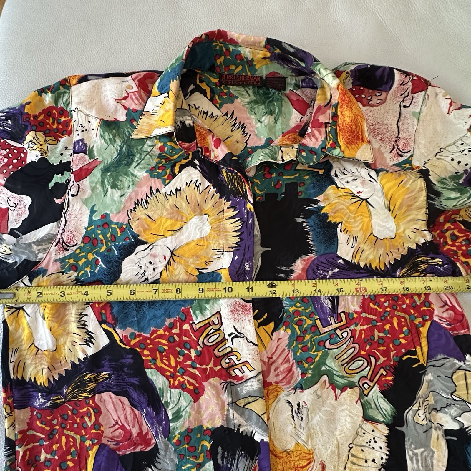 Vintage 80s Jerri Sherman Collection Silk Colorful Moulin Rouge Blouse Size 8
