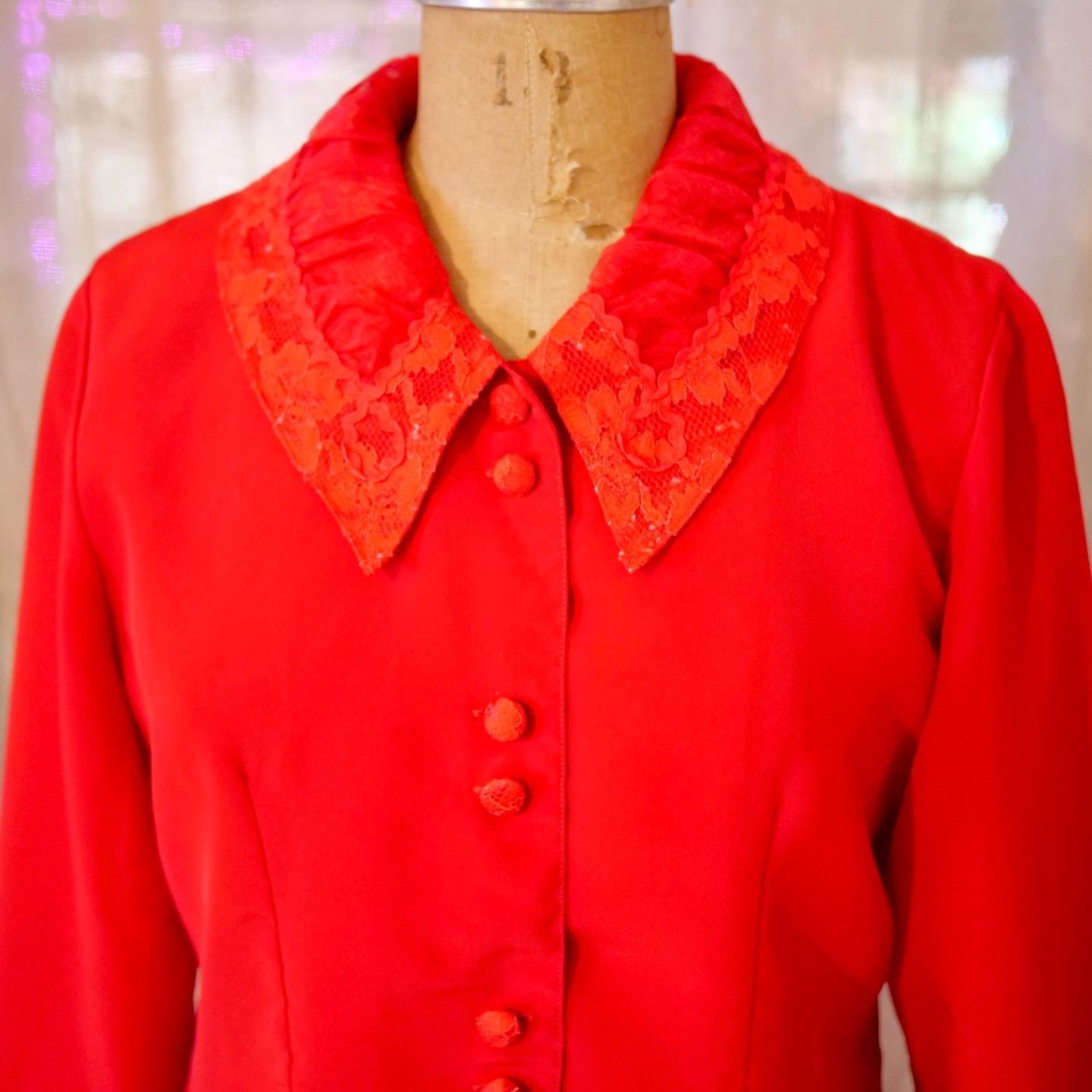 Vintage 60s OLEG CASSINI Burma Mod Red Blouse Top Lace Organza Portrait Collar M