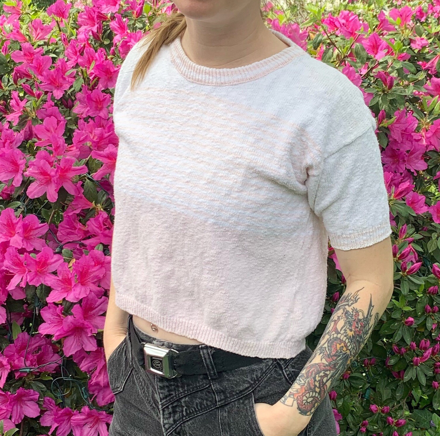Vintage 80s Medium Lucia Knit Crop Top Short Sleeve Pastel Pink Cream USA Made