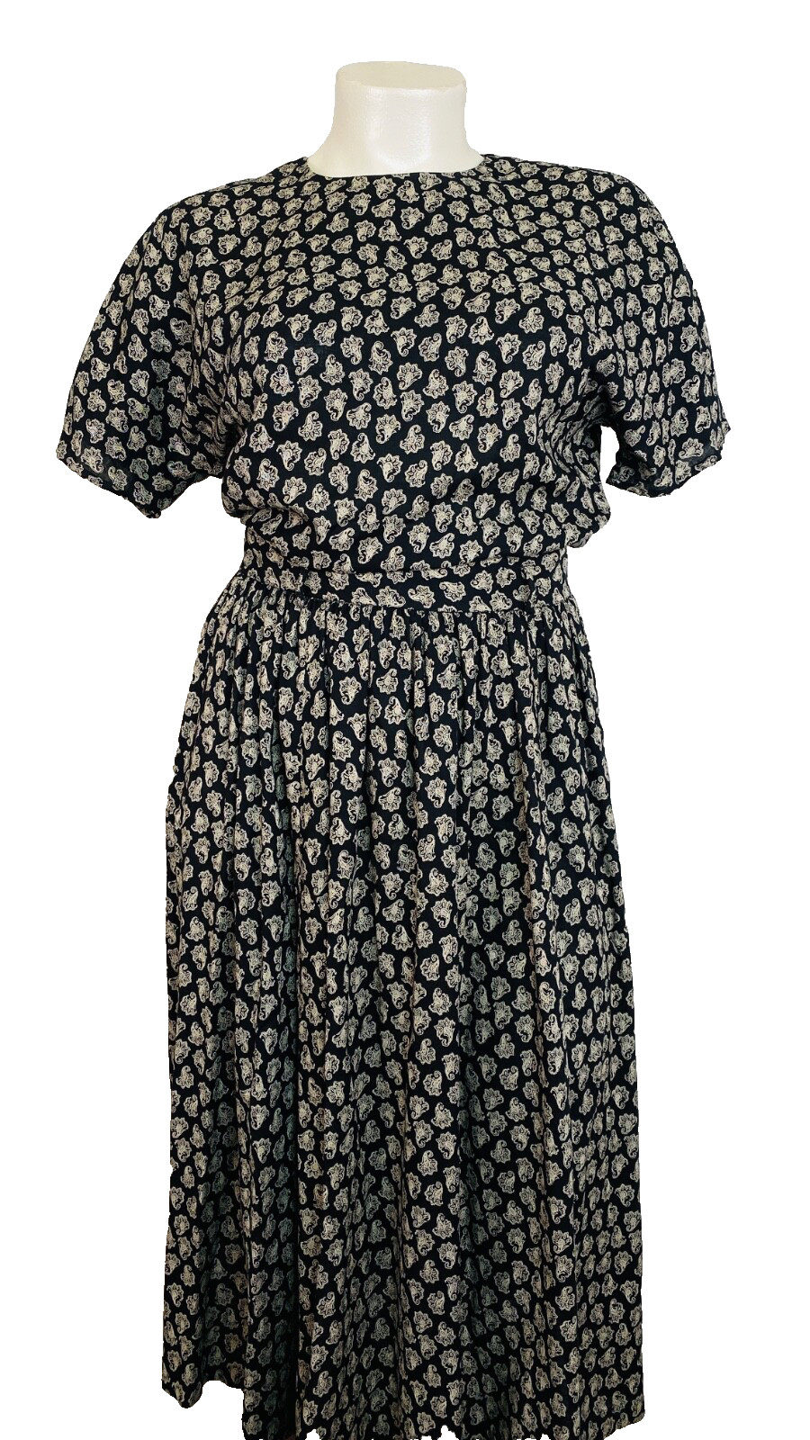 Vintage 1980s black white midi dress set L 14 linen rayon paisley blouse top