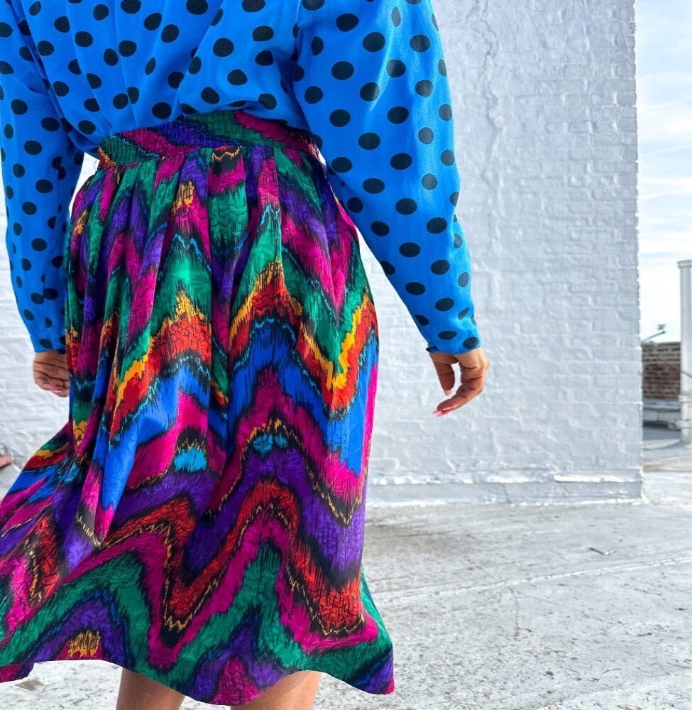 TanJay VTG Small 2pc Set Watercolor Art Wear Print Skirt Open Long Top Made USA