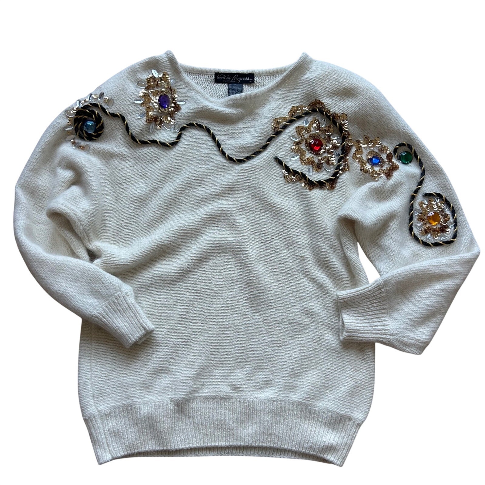 Vintage Gladys Bagley Sequin Jewel Embellished Sweater M Cream Silk Angora