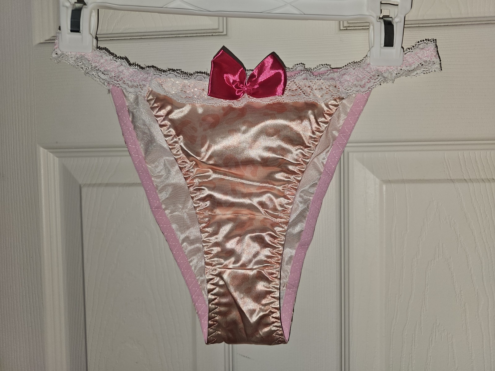 Vintage Girly Glossy Satin String Bikini Light Pink Panties. Size Large