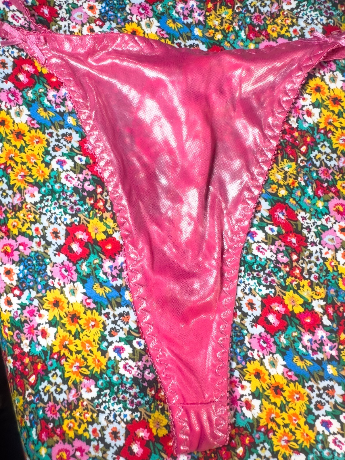 VTG Satin Hot Pink Metallic Foil Thong M6