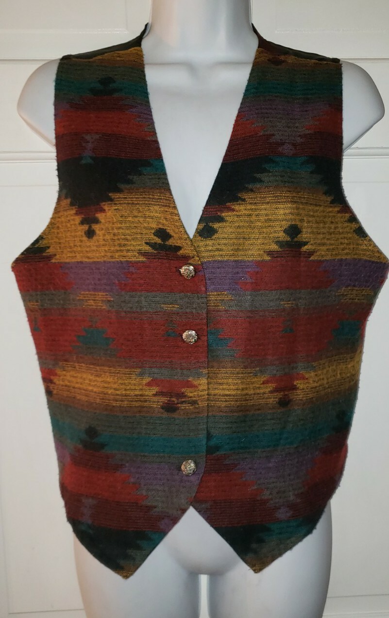ANXIETY black Red Yellow Southwestern poly Flannel Look Cowboy Vest M vintage