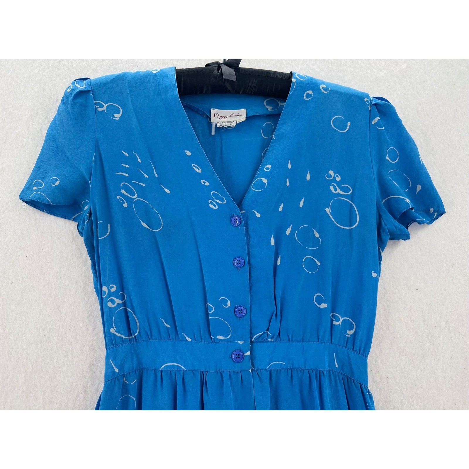 Vintage Maggy London 100% Silk Blue Abstract Bubble Print Dress V-Neck Size 6