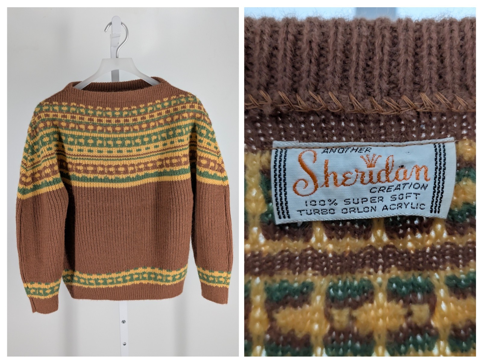 Vintage Sheridan Sweater Fair Isle Turbo Orlon Acrylic Brown Geometric 60s