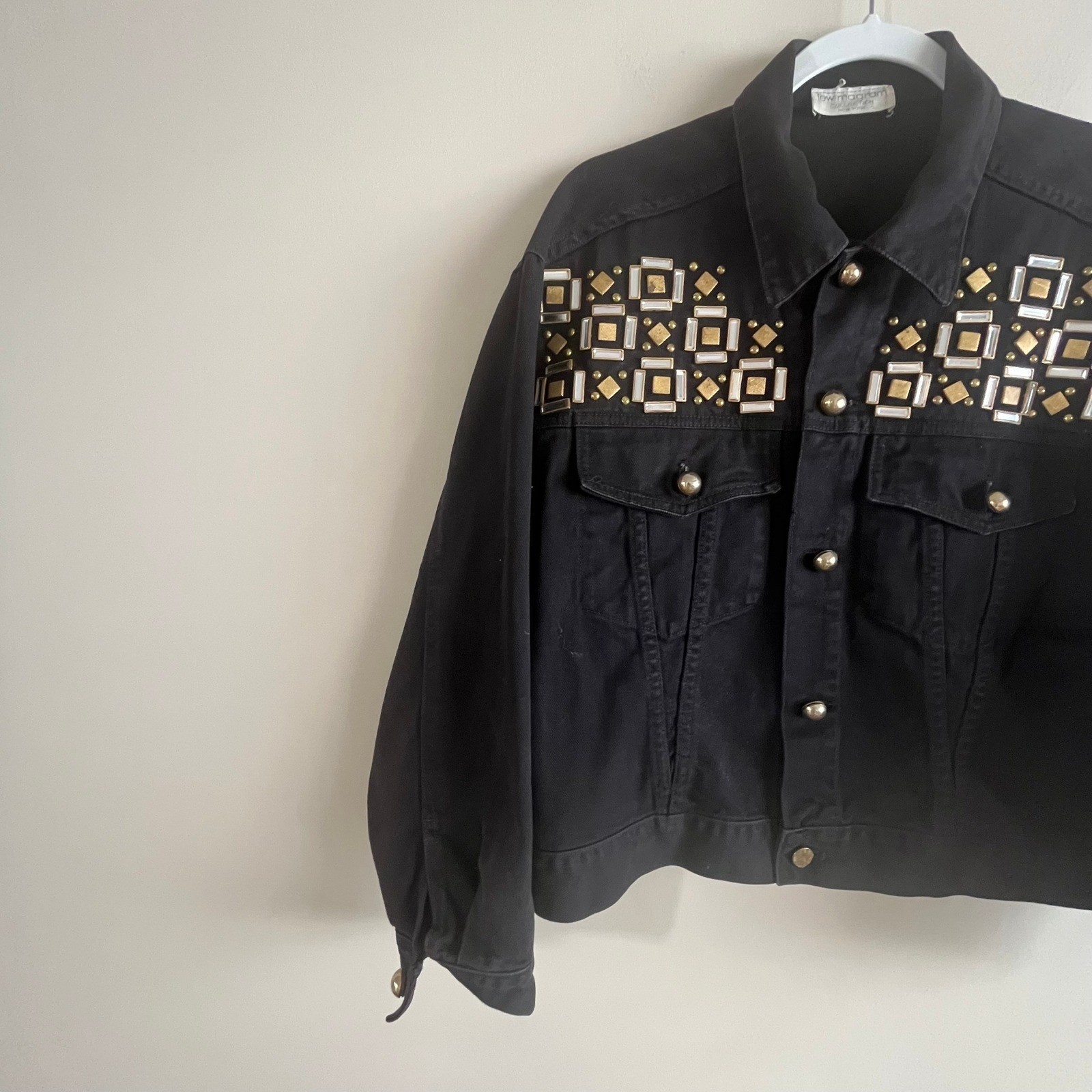 Vintage Lew Magram Collection NY Jeweled Studded Denim Jacket M/L Black Gold