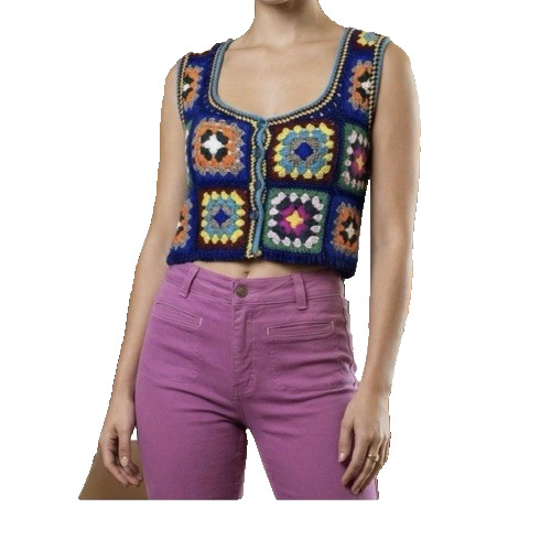 Vintage 70’s Charlie’s Girl Erika Elias Granny Square Crochet Vest Cropped XS