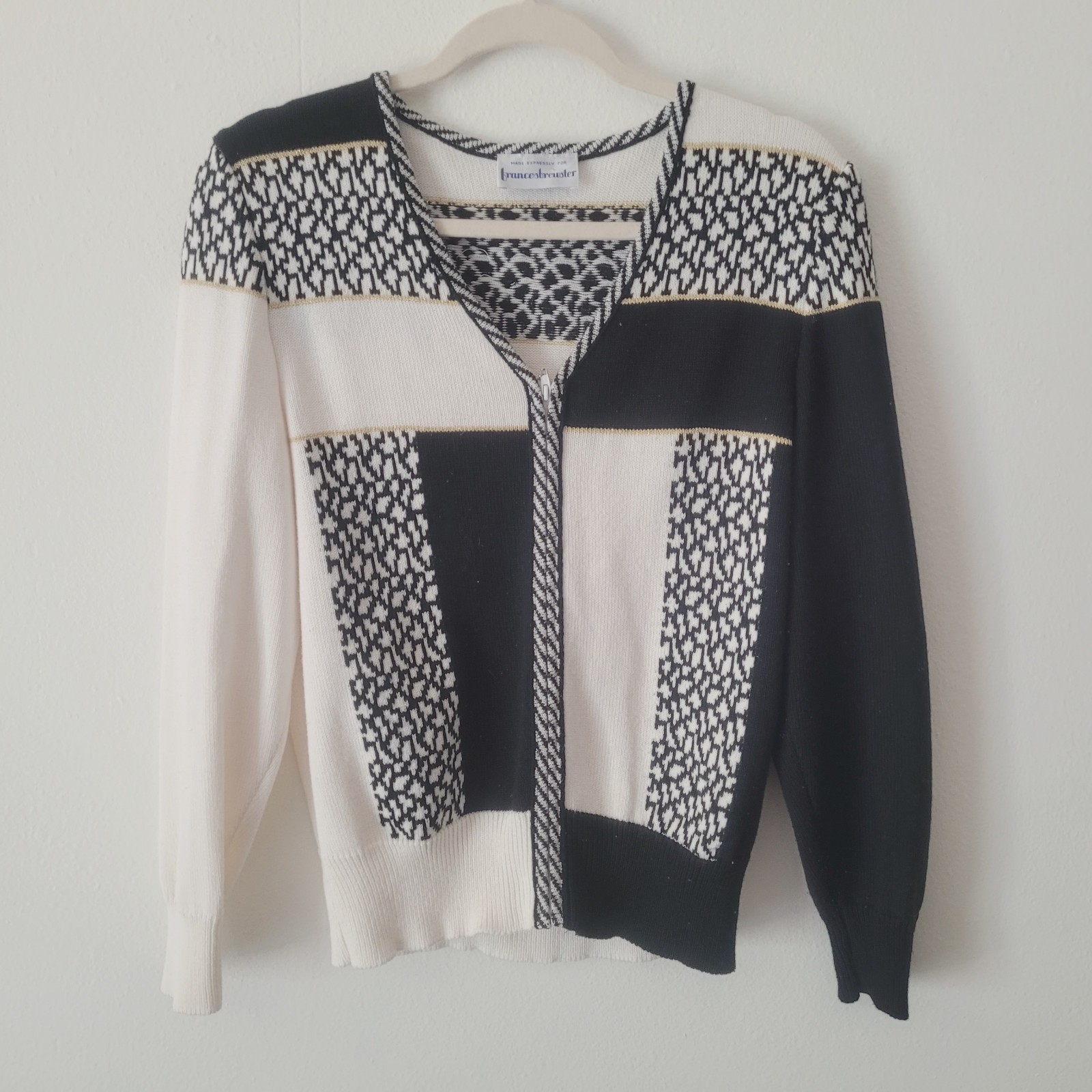 Vintage Frances Brewster Small Black And White Geometric Wool With Gold Trim