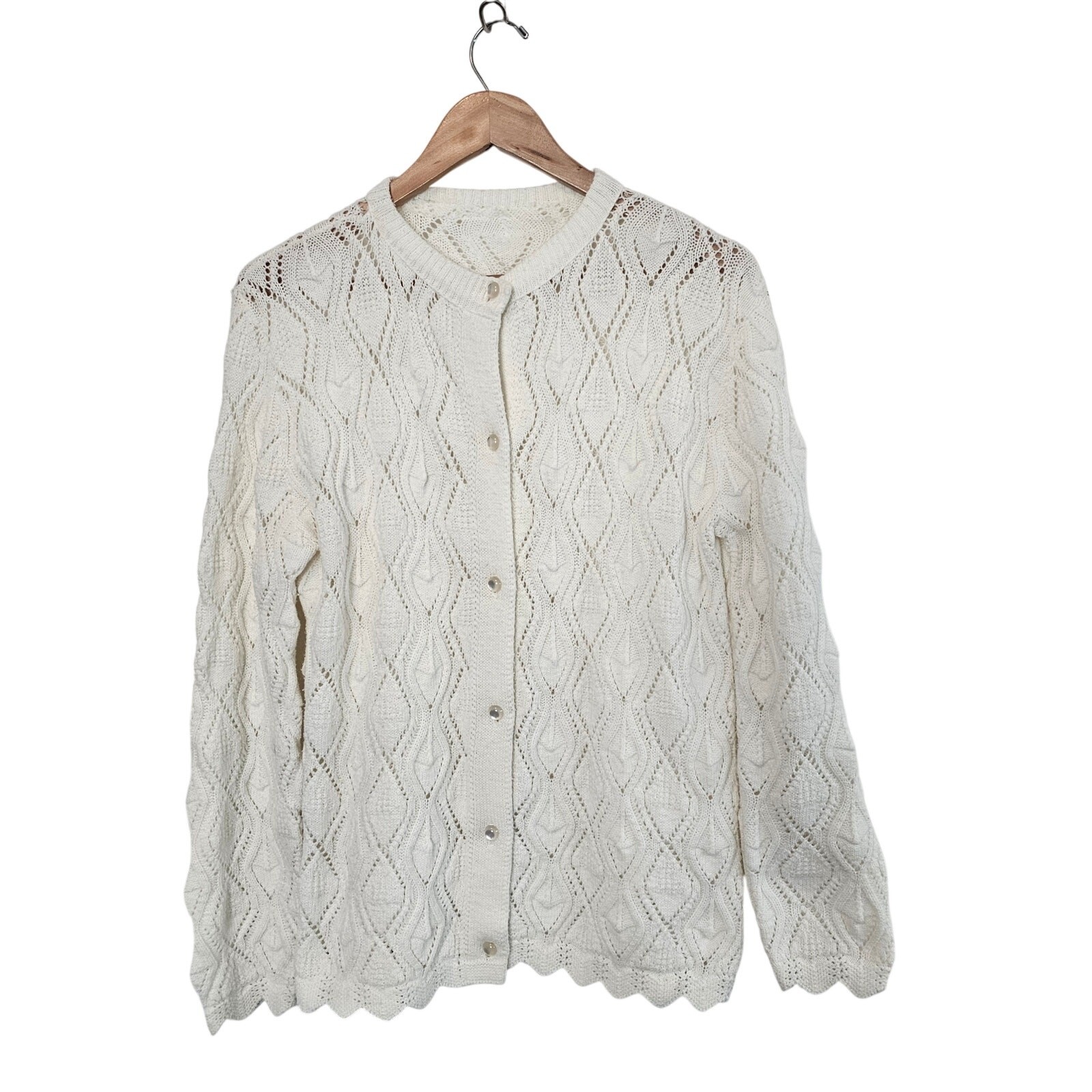 Vintage Knit Cardigan Womens Med White Cottage Button Neutral Sheer Granny Retro