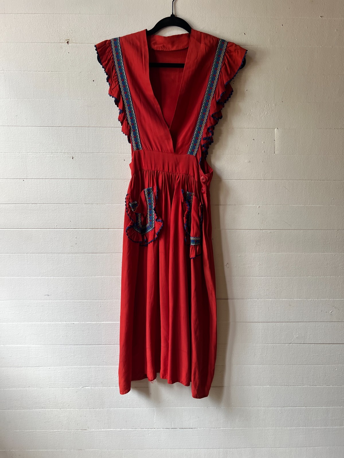 Vintage 1940s Hand Made Dress – Red Mexican Inspired Dress 24x28x44 AR FL