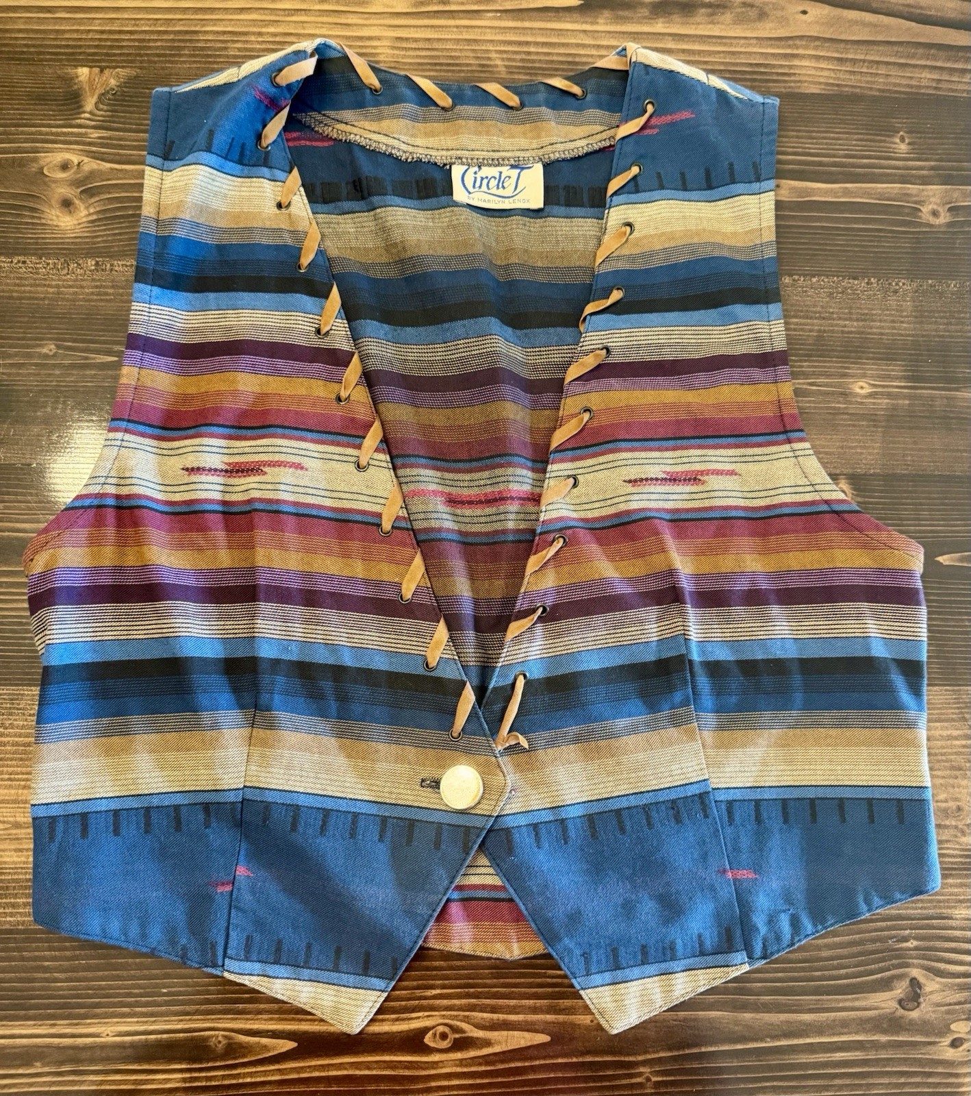 Vintage Circle T Blue and Tan Striped Western Vest with Suede Trim O/S