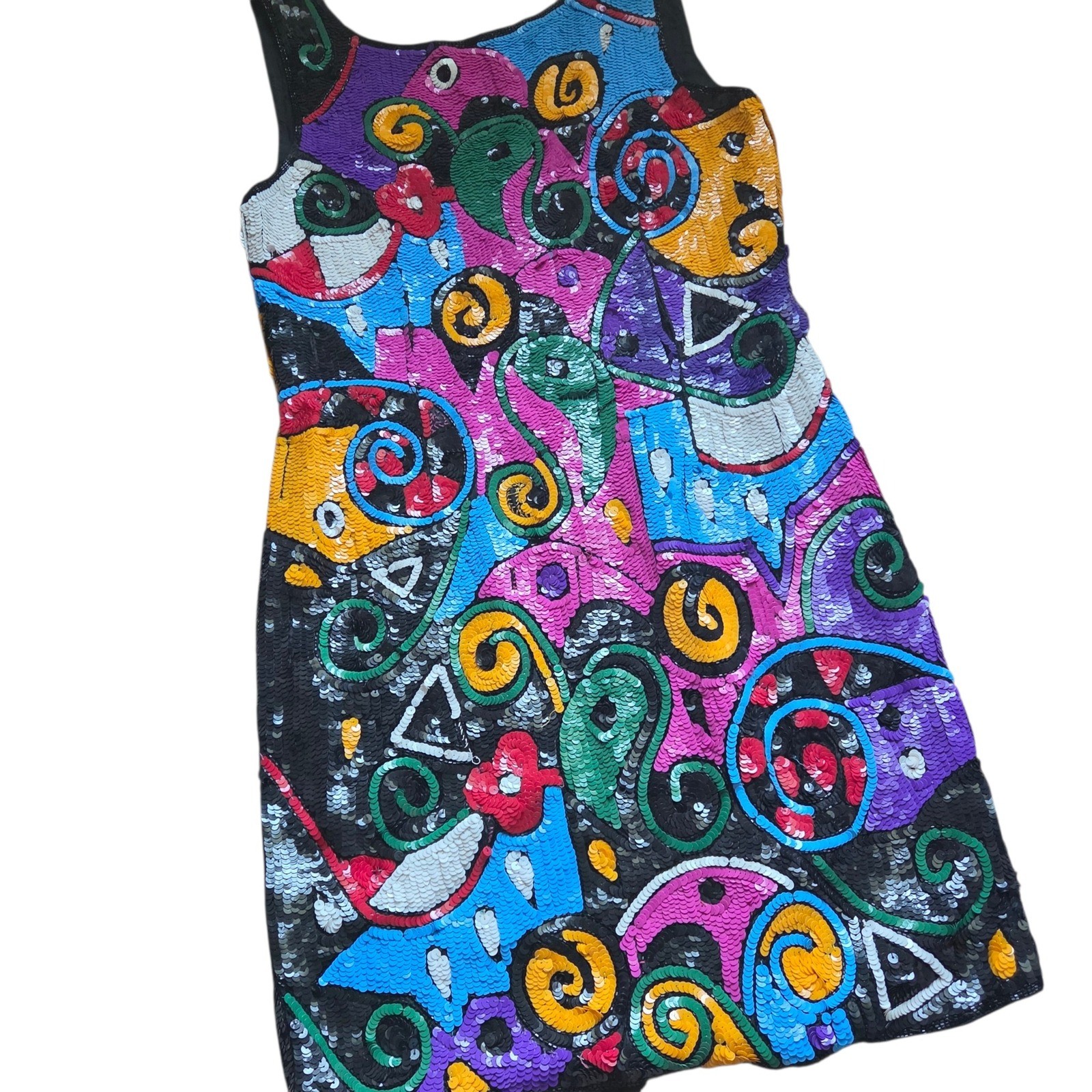 Vintage 80s Dress Large Xoanon Silk Sequin Mini Abstract Multi Color Pop Art