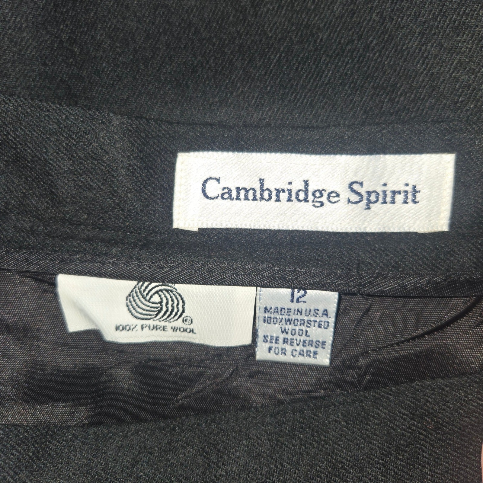 Cambridge Spirit Vintage Black 100% Worsted Wool Pleated Skirt Gold Button 12