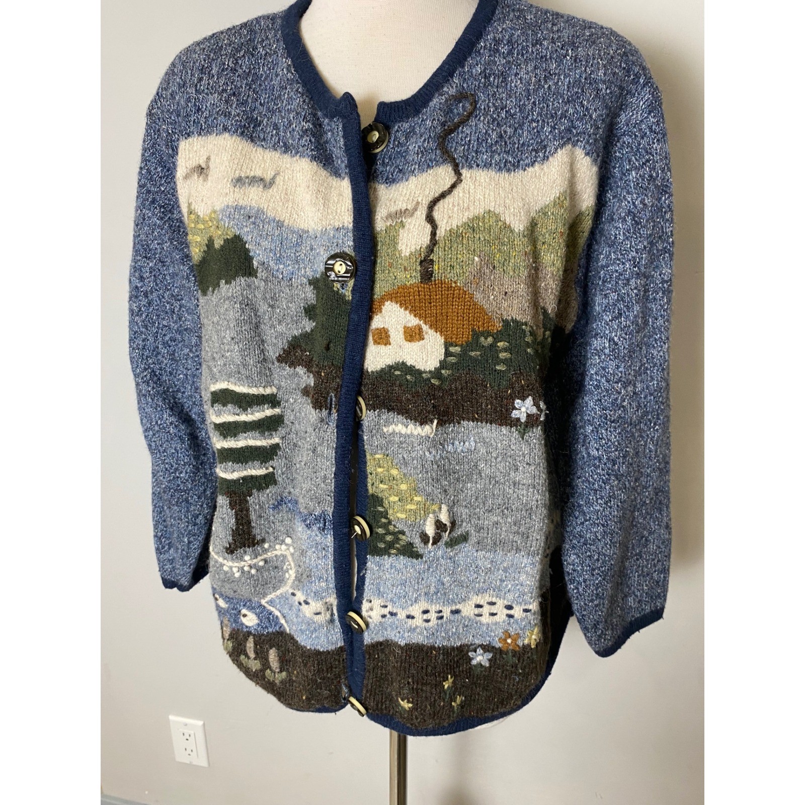 Caribbean Pacific Vintage 80s 90s Scenic Cottagecore Wool Silk Cardigan Blue L